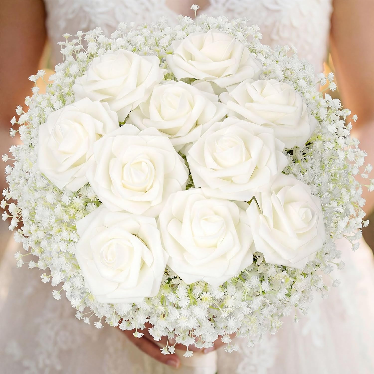90Pcs Babys Breath Artificial Flowers Mixed with White Roses with Stems, Real Looking Ivory Roses & White Gypsophila Bouquet for Wedding Centerpieces Bridal Shower Vase Home & Outdoor Decor