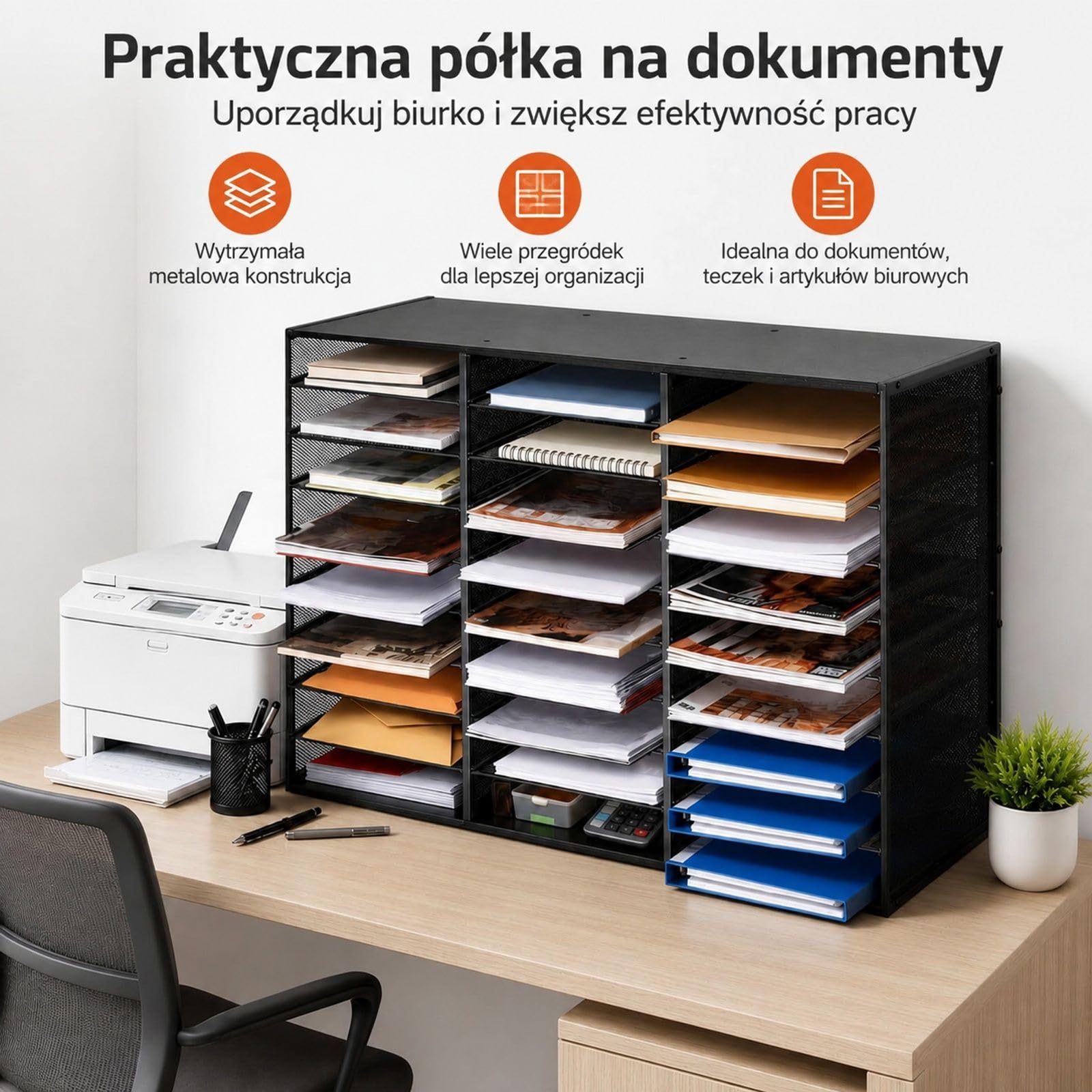 Metalowa taca na dokumenty z 27 przegrodami, wyjmowana siatka druciana, czarna, do biura, domu i klasy