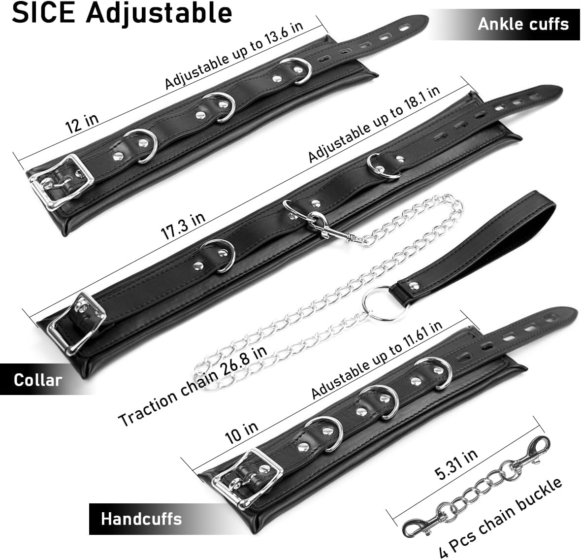 Buffered Leather Sex Bondage Handcuffs Ankle Cuffs Collar Set,BDSM Bondage Restraints Sex Toys Kit with Nipple Clips, Adjustable Gear Adult Toy for Couples (Black)