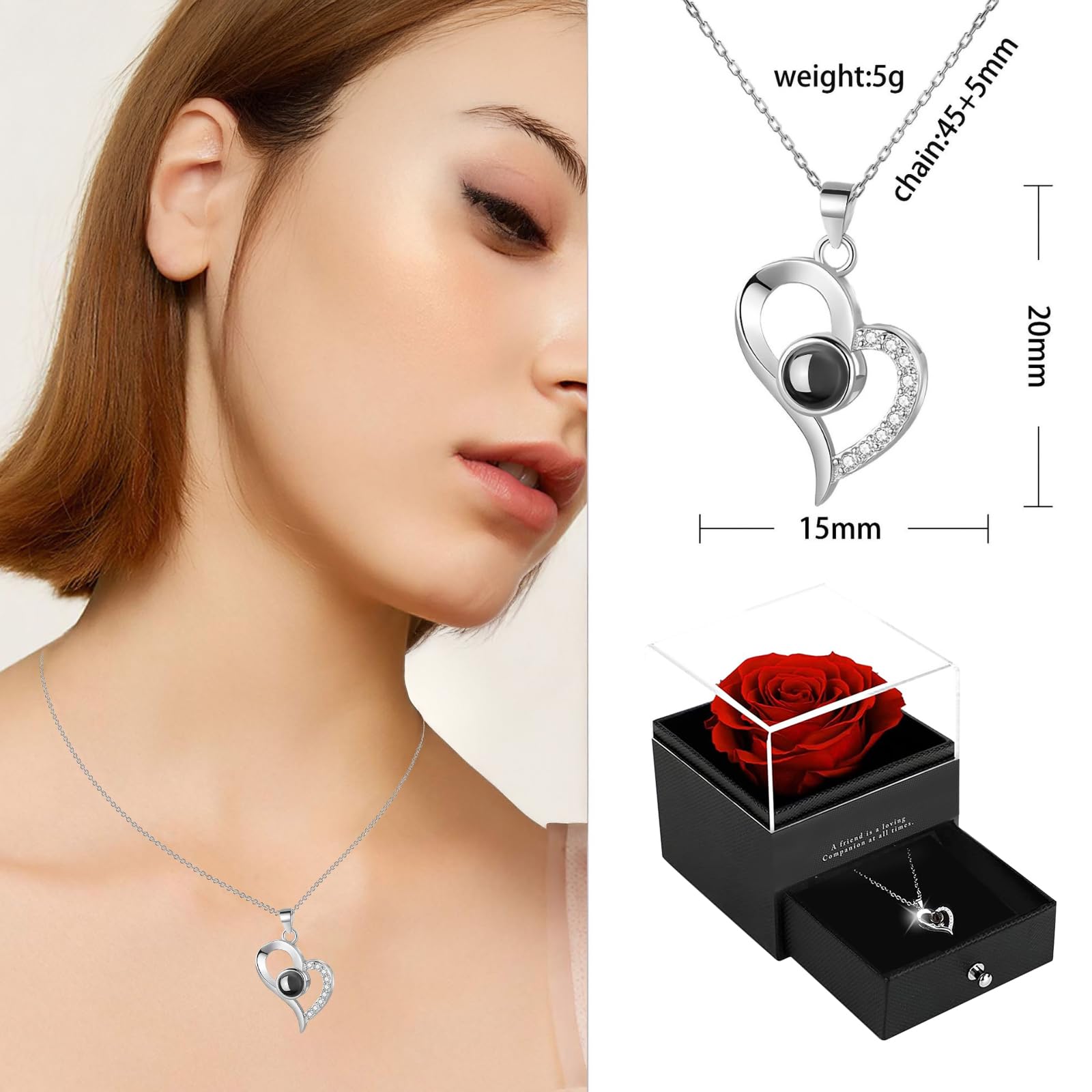Zynxel Rosa Eterna, Regalos originales para mujer - Día de la Madre, San Valentín, Caja con Flores Estabilizadas, Collar Corazón de Perno, Regalo para Aniversario, Fiestas y Ocasiones Especiales