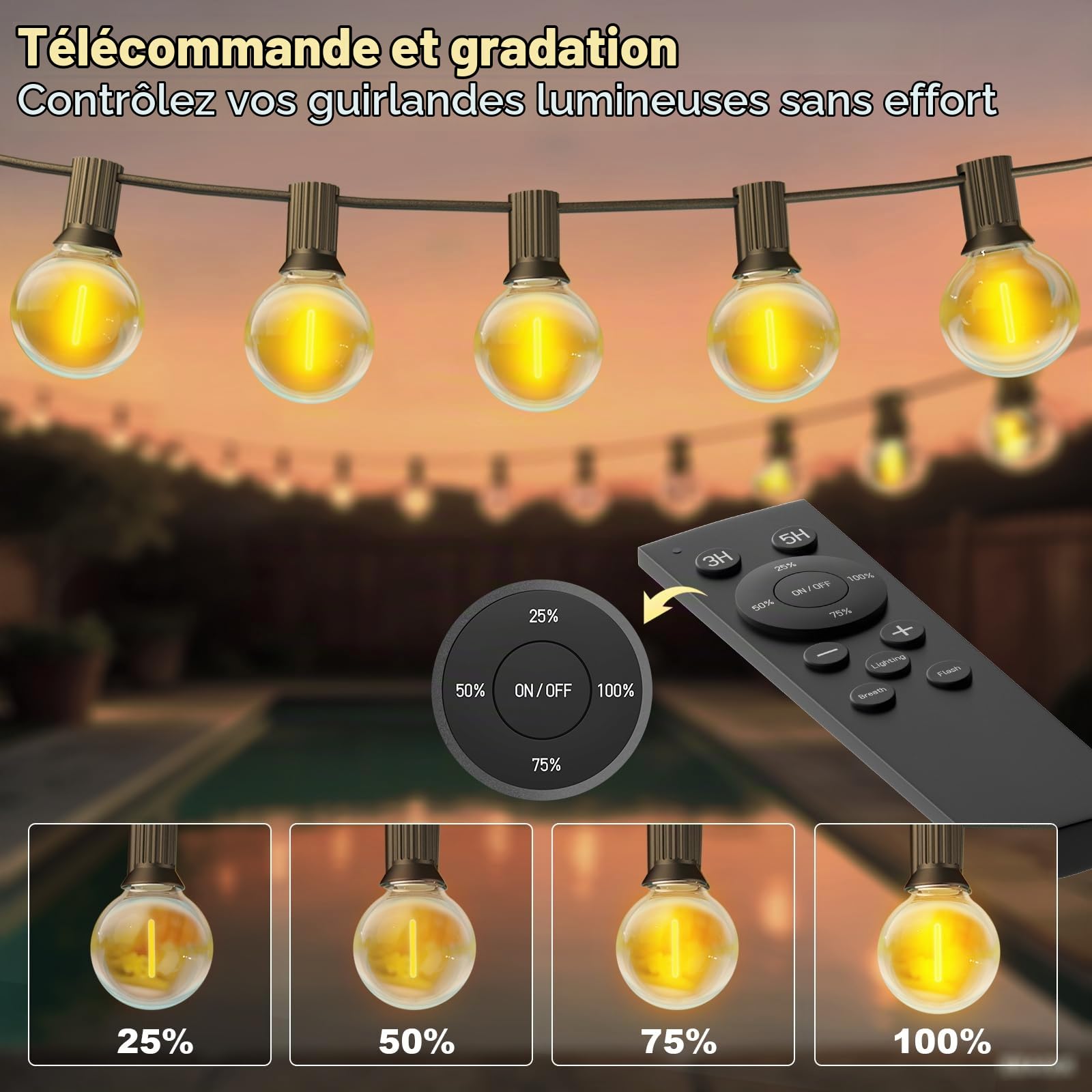 Guirlande Guinguette Exterieure avec Télécommande, 30M Dimmable Guirlande Lumineuse Extérieur avec 50+2 G40 LED Ampoules, 3 Modes,Minuteur, Lumiere Exterieur pour Terrasse Patio Jardin Mariage Camping