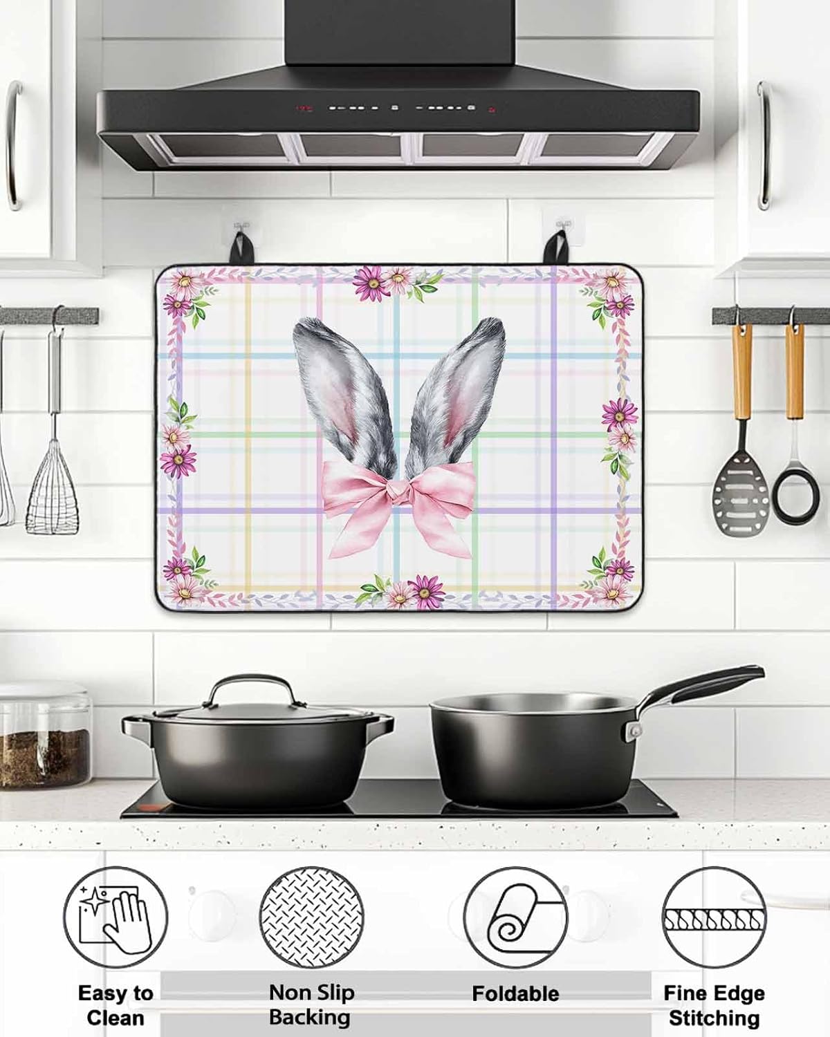 Rabbits Ears Stove Cover for Electric Stove, Pink Bow Daisy Green Leaf Spring Animal Color Plaid Stove Top Cover for Glass Top, Heat Insulation Rubber Mat Foldable Cooktop Top Protector, 28.5"x20.5"