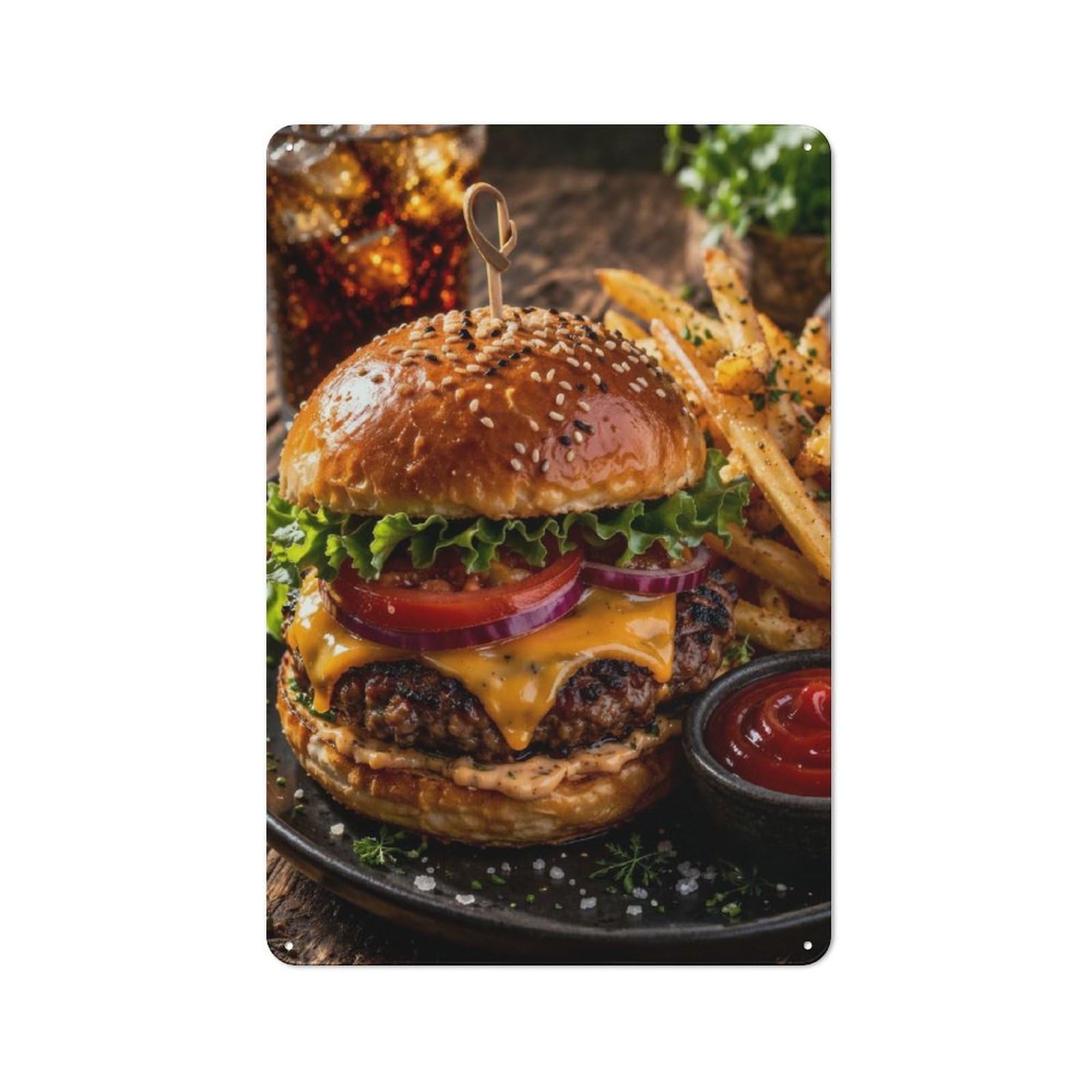 Junmoney Style-18 Tin Wall Sign With Gourmet Burger With Fries And Soda Design 30X20cm, Classic Kitchen Wall Decor For Restaurant, Kitchen, Counter Or Breakfast Nook