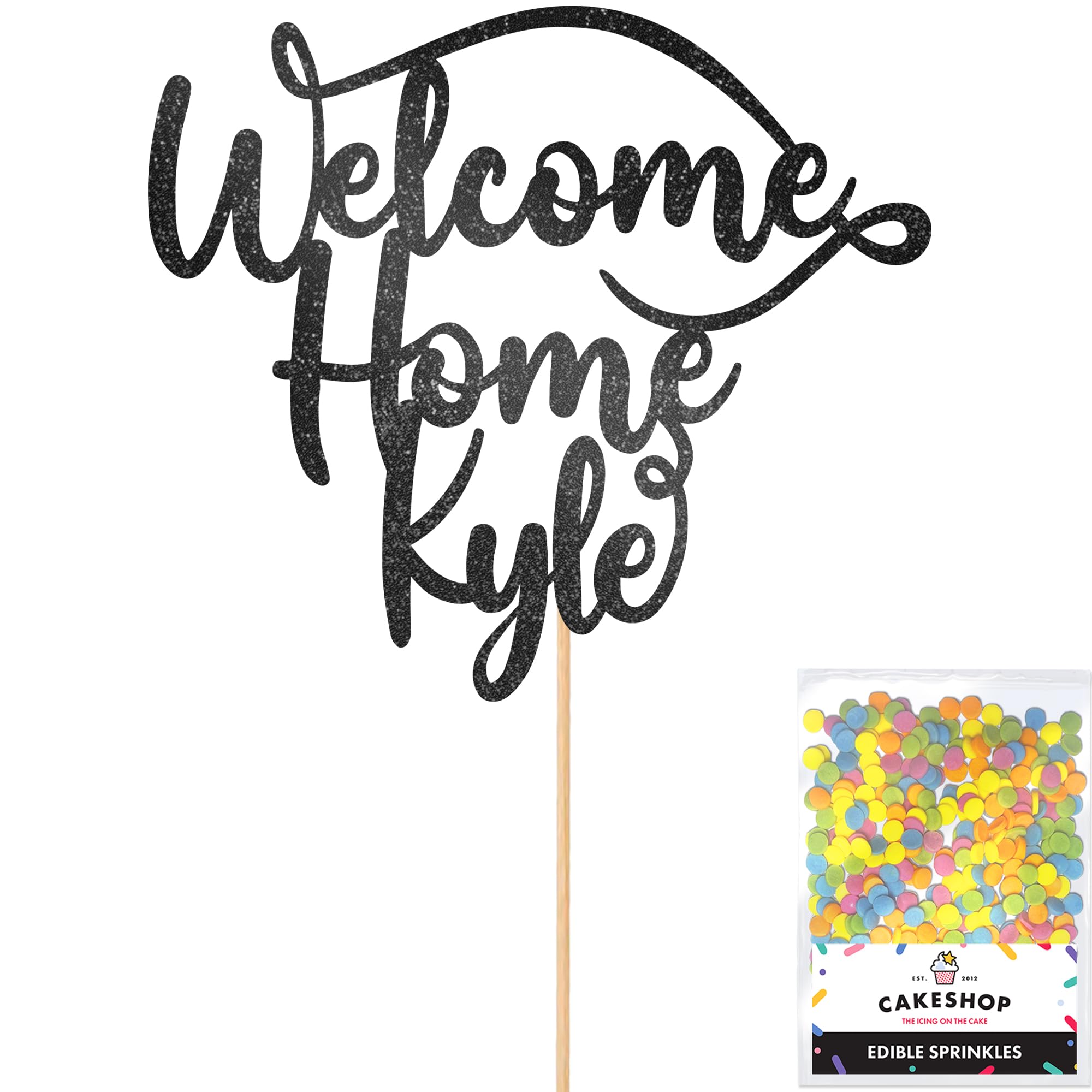 Cakeshop Personalised Welcome Home Glitter Cake Topper With Sprinkles - Black Custom Colour - Any Name - Double-Sided Glitter Card Cake Decoration - Custom Toppers for Cakes