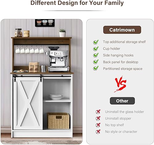 Miniatura 8 de Armario de barra de café de granja con 6 ganchos, gabinete pequeño de cocina de 32 pulgadas con puertas correderas de granero, gabinete de bar