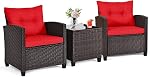 ORALNER 3 Pieces Wicker Patio Furniture Set, Outdoor Conversation Set Rattan Chairs with Soft Cushions, Glass Coffee Table, Bistro Set for Front Porch Balcony Garden Deck Poolside (Navy Blue)