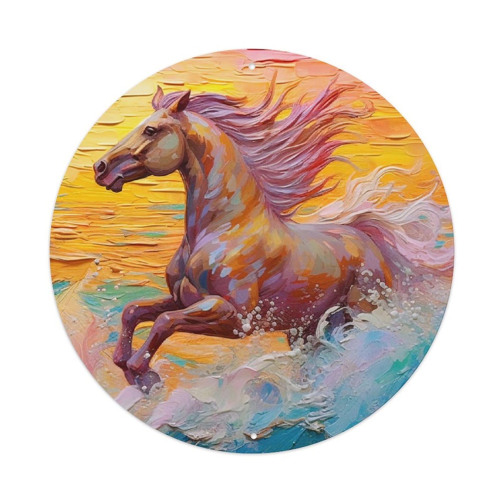 Animal Art Oil Painting Style Galloping Horse Vintage Metal Tin Sign Plaque Wall Decor for Cafe, Club, Garden Round Metal Poster 8x8Inch
