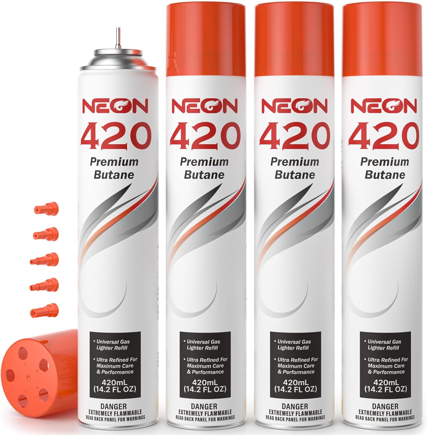 NEON Butane Refill 420ml, 11X Ultra Refined 0 Impurities Butane Fuel, Premium Universal Lighter Fluid with Metal Nozzle and 5 Butane Gas Refill Adapters for Refillable Lighters and Torches, 4 Cans