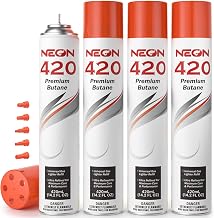 NEON Butane Refill 420ml, 11X Ultra Refined 0 Impurities Butane Fuel, Premium Universal Lighter Fluid with Metal Nozzle and 5 Butane Gas Refill Adapters for Refillable Lighters and Torches, 4 Cans