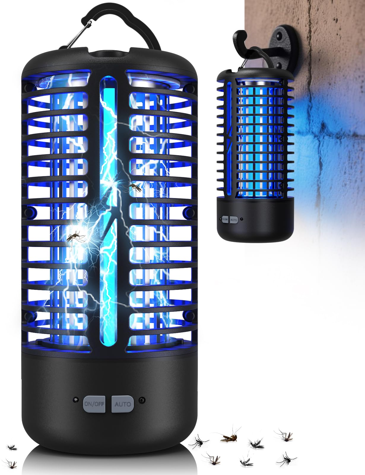 Lampada Antizanzare Elettrica, Anti Zanzare 3000V UV, Anti Mosche LED Sospendibile, IPX4 Impermeabile Insektenvernichter da Interno ed Esterno, Lampada Zanzare con Gancio (Nero)