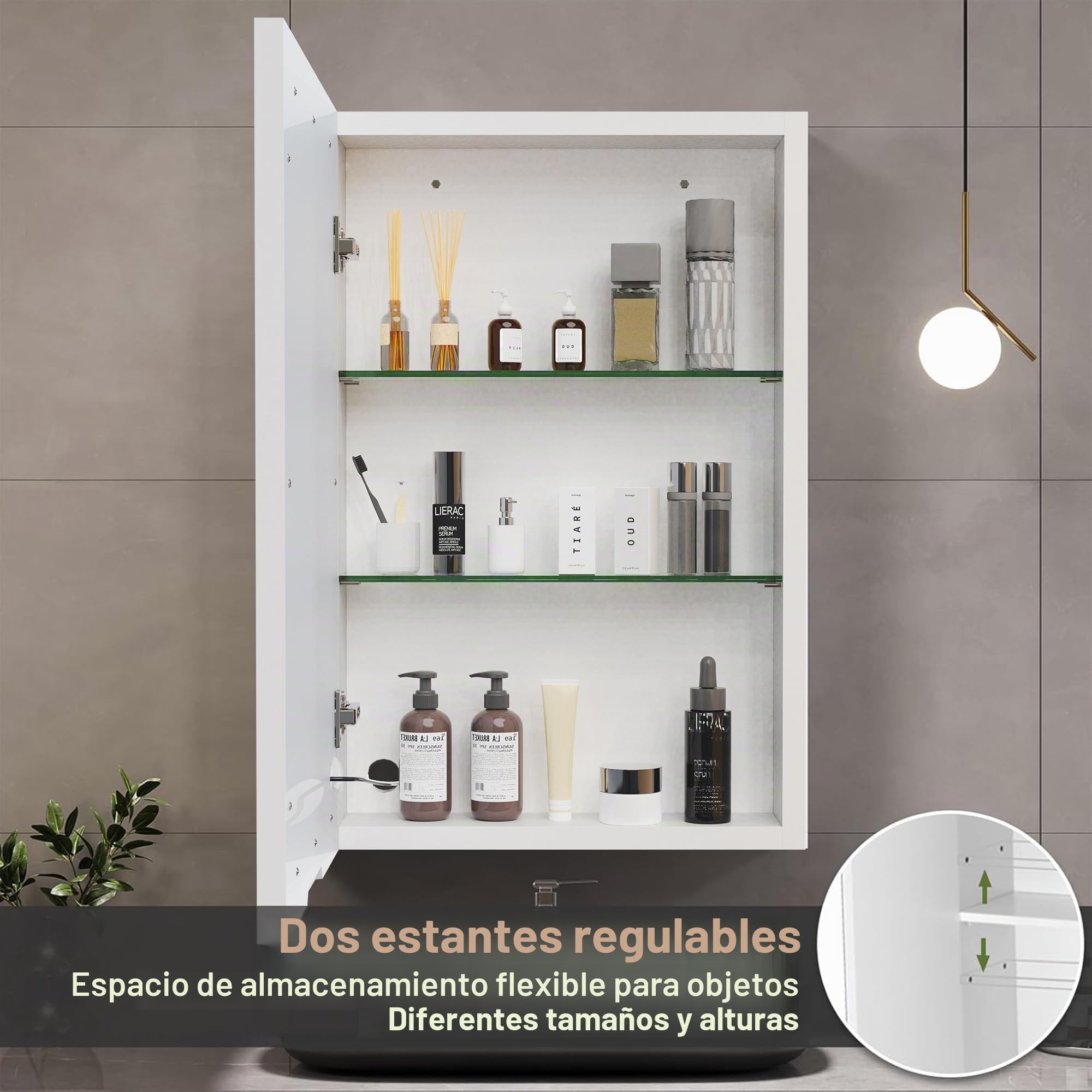 BFYDOAA - Espejo de pared con iluminación y almacenamiento, 50 x 70 cm - Armario con espejo de baño, espejo LED con 2 estantes - 3 colores LED, interruptor táctil