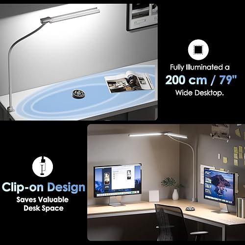 Miniatura 5 de Lámpara de escritorio con abrazadera, lámpara de escritorio LED de 31.5 pulgadas para oficina en casa, luz de escritorio de doble cabezal de 24 W,