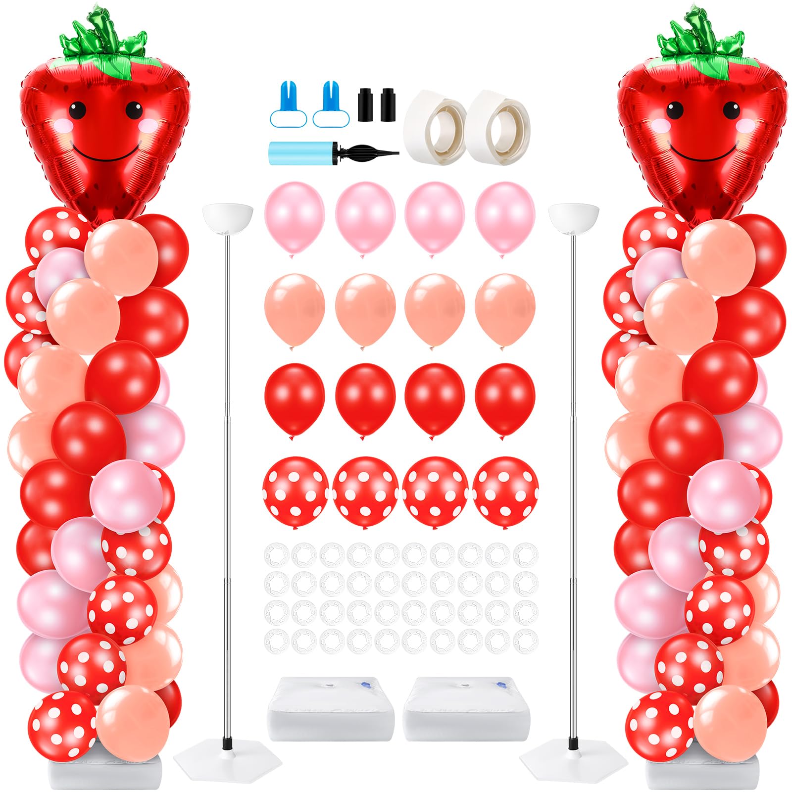 Kasyat 2 Set Strawberry Party Balloon Column Stand Kit Strawberry Red and Pink Foil Balloons Arch Garland Kit for Berry Sweet First Theme Baby Shower