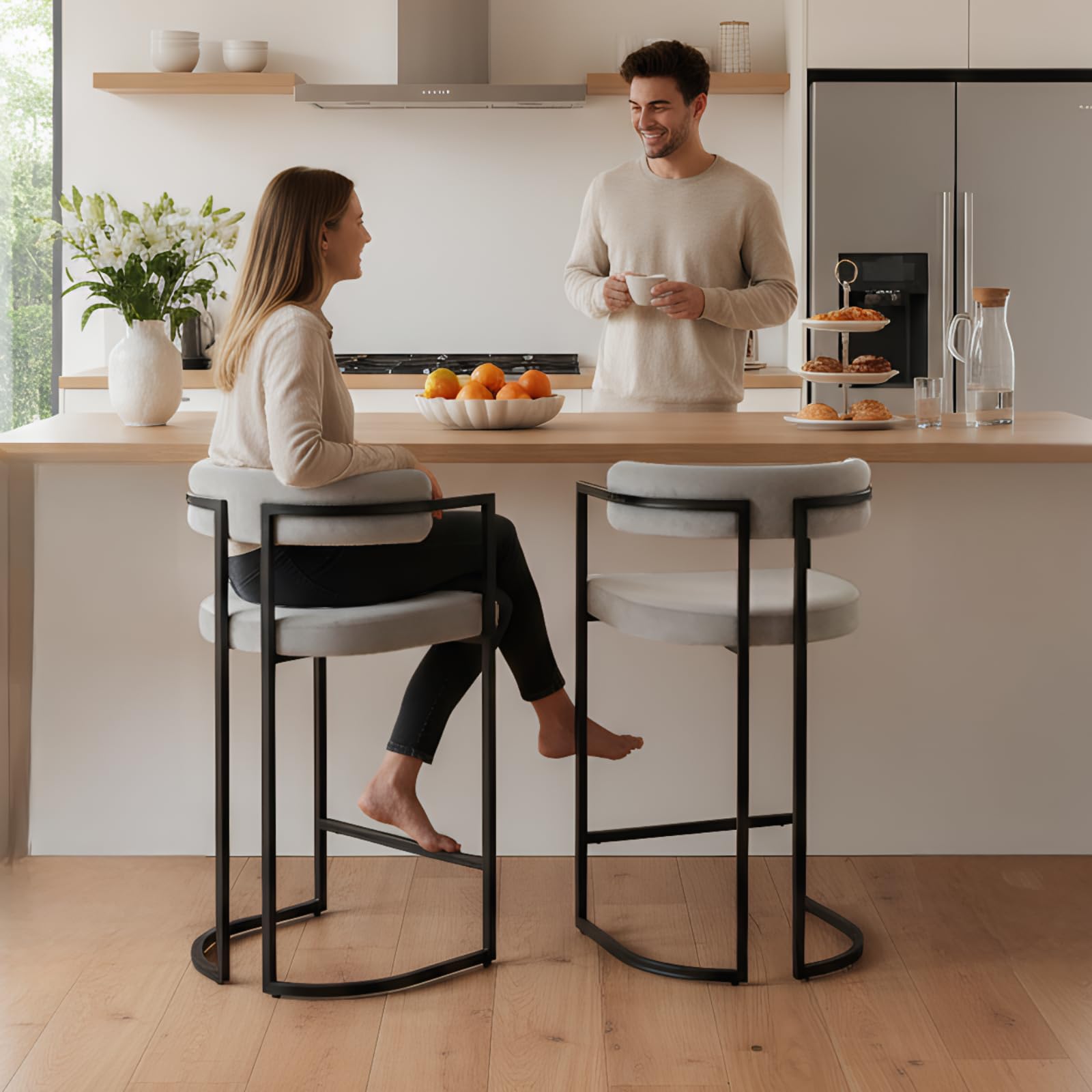 QUINJAY Bar Stools Set of 2, 26 Inch Modern Counter Height Bar Stools with Ergonomic Back, Velvet Upholstered Barrel Counter Stools with Metal Legs