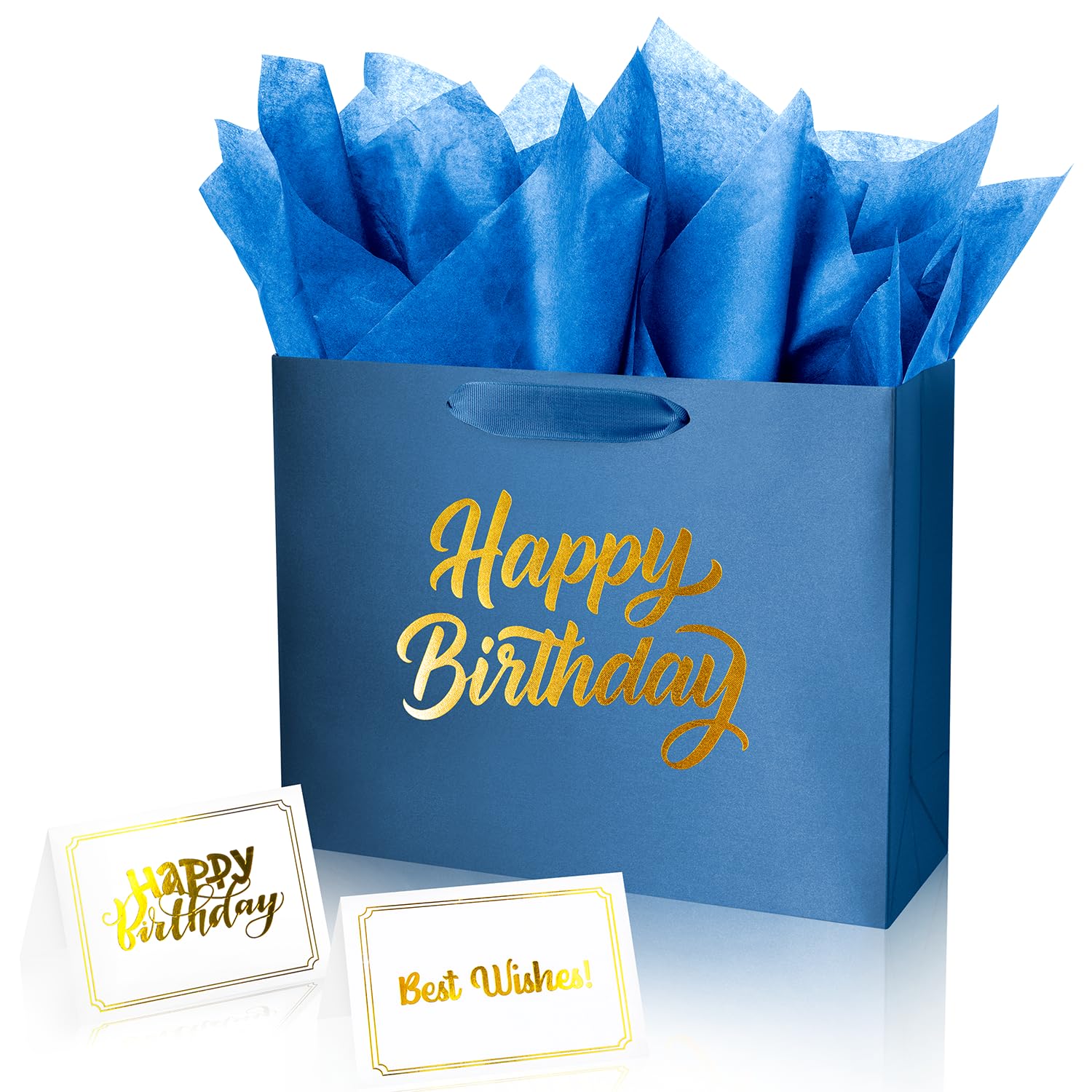 Photo 1 of Linelglobal Blue Birthday Gift Bag with Tissue Paper Solid Color Silky for Women Men Boutique 13"