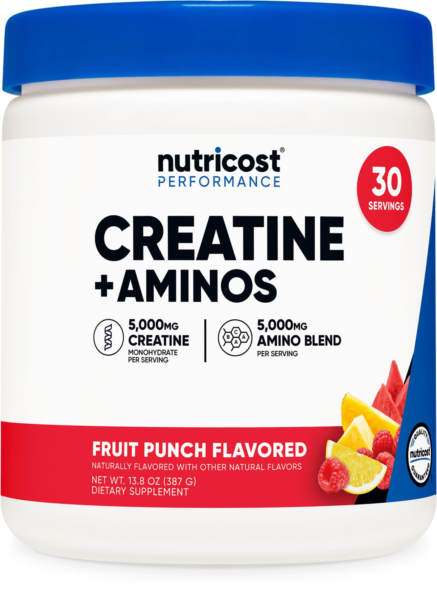 Nutricost Creatine + Aminos 30 Servings (Fruit Punch Flavored) - 5,000mg Creatine Monohydrate + 5000mg Amino BCAA Blend Per Serving