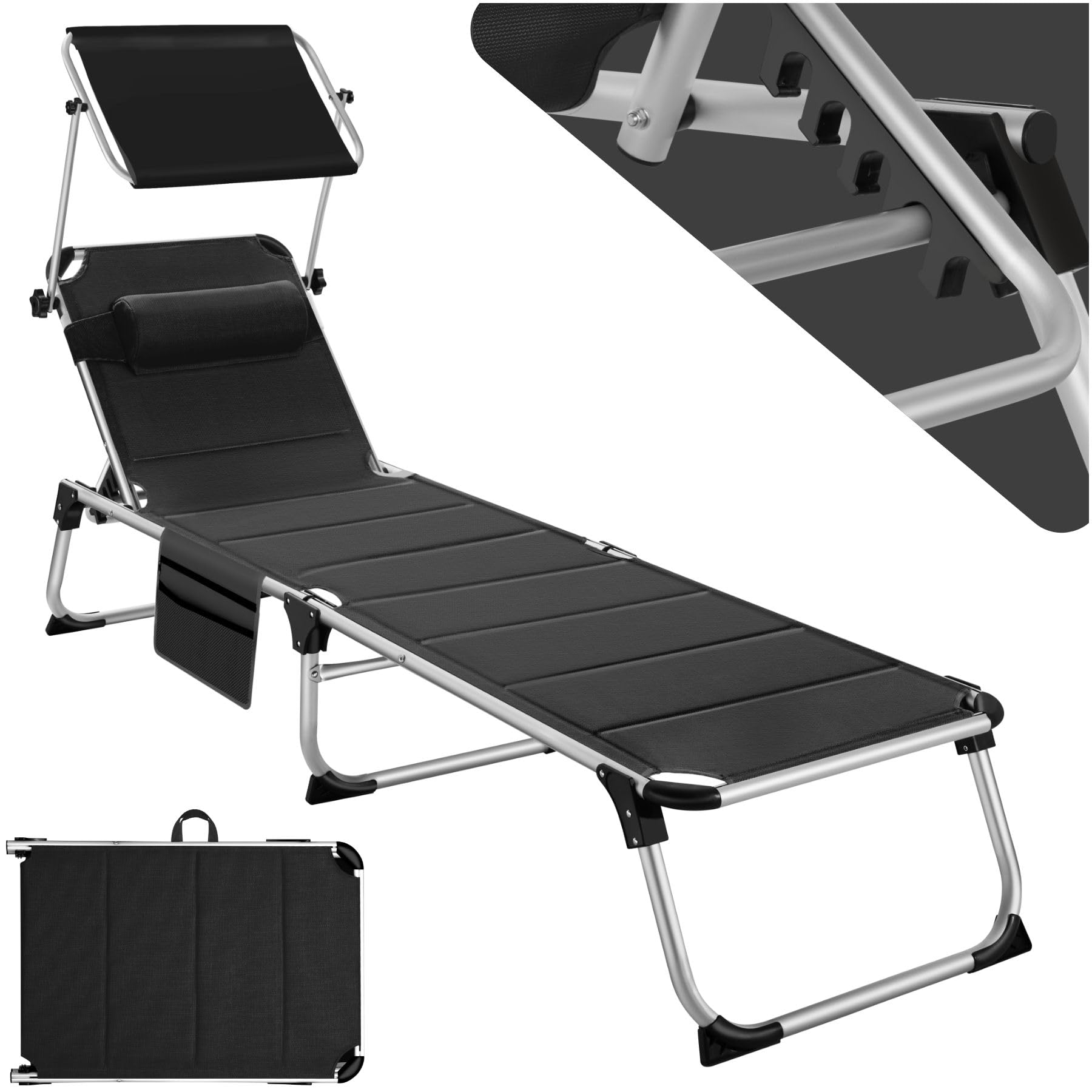 TecTake® Tumbona Jardín Exterior de Aluminio, Tumbona Plegable con Reposacabezas, Parasol y Bolsillo Lateral, Tumbona Playa Reclinable en 6 Posiciones, Tumbona Piscina Resistente a Intemperie - Negro