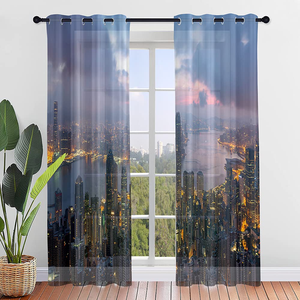 Hiseng Voile Curtains for Bedroom 2 Panels, Sheer Curtains Eyelets Net Translucent Window Screen Printed Tulle Door Drapes for Living Room Balcony Home Decorative (107x160cm,Hongkong)