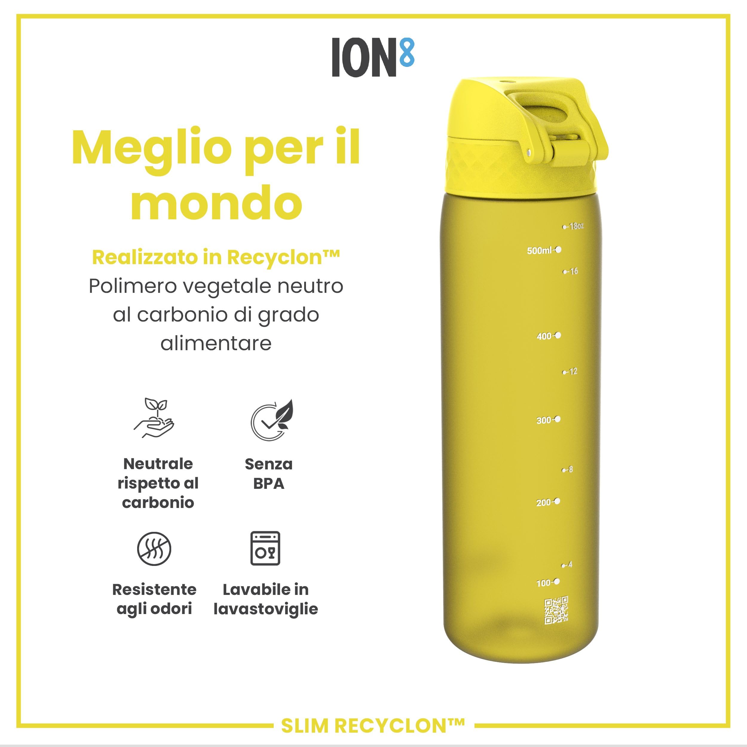 Ion8 Borraccia a Prova di Perdite, 500ml, Facile da Aprire, Serratura Sicura, Lavabile in Lavastoviglie, Senza BPA, Maniglia per il Trasporto, Adatta a Portabicchieri, Facile Pulizia, Giallo