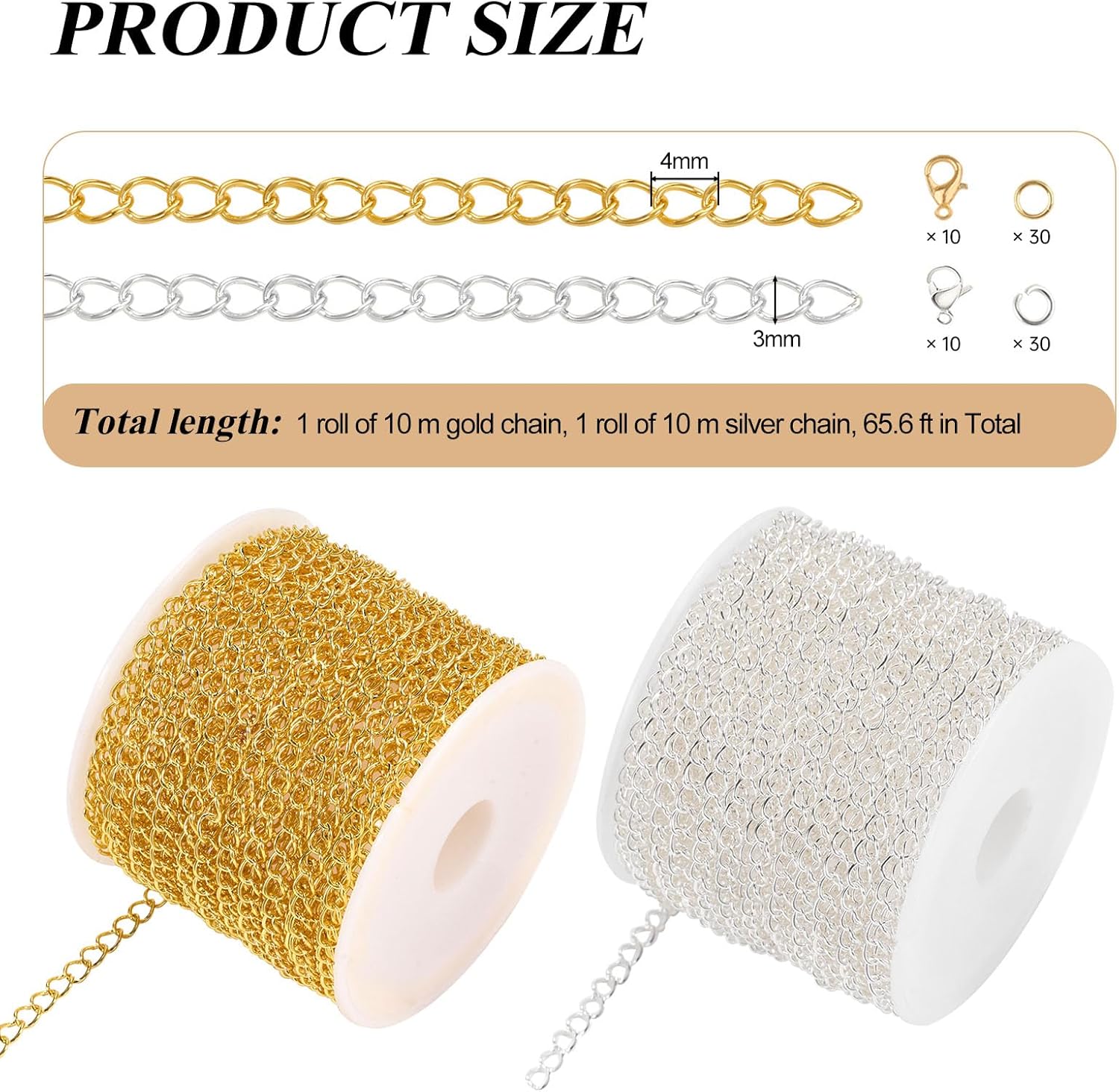 Crisjanggo 2 Rolls Total 65.6 Feet Gold and Silver Chain for Jewelry Making Stainless Steel Curb Chains Roll Bulk with Lobster Clasps and Jump Rings - Image 2