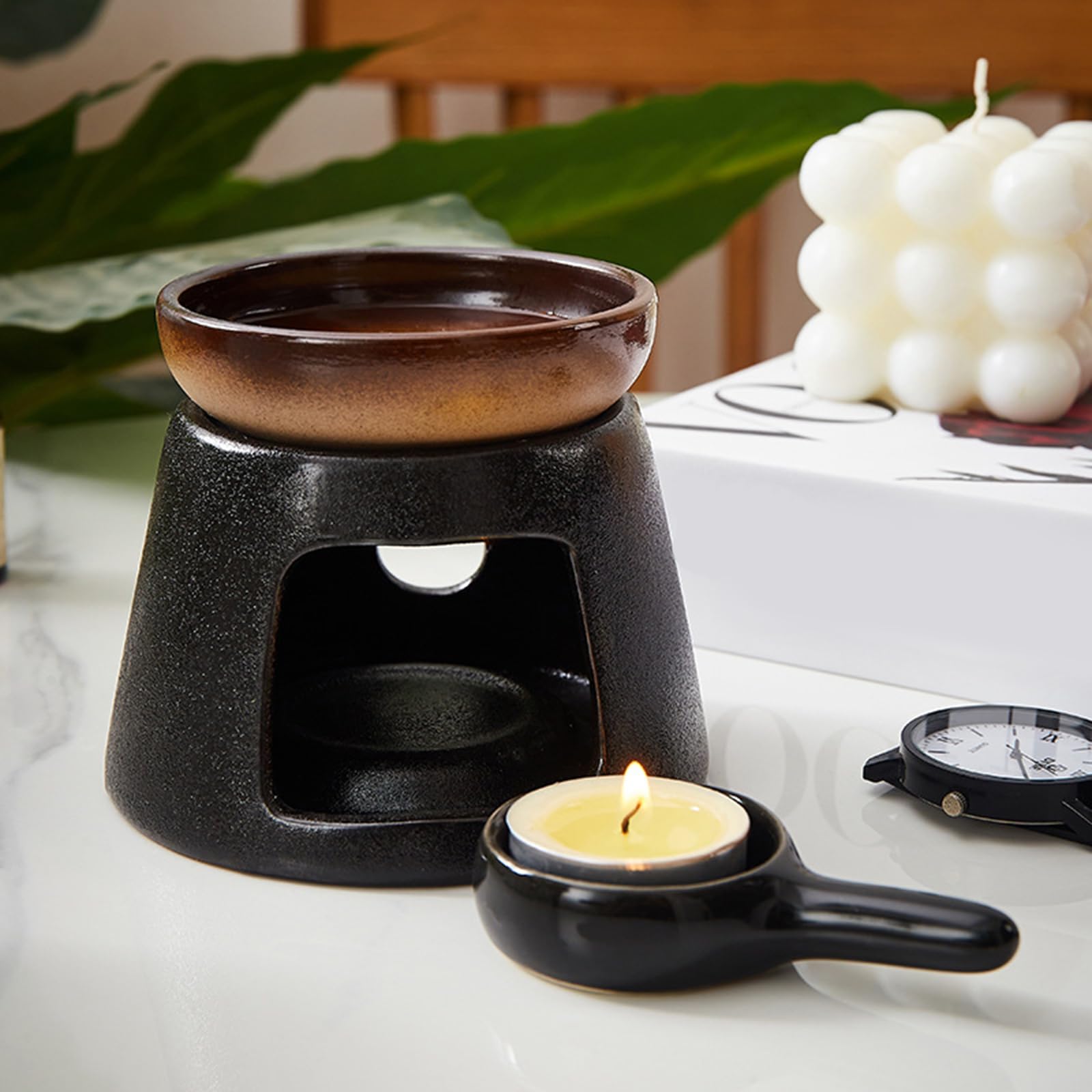 Aromatherapie-Brenner, Aromatherapie-Diffusor mit Teelichthalter, Löffel for Zuhause oder das Büro, Keramik, Teetassenwärmer(Black)
