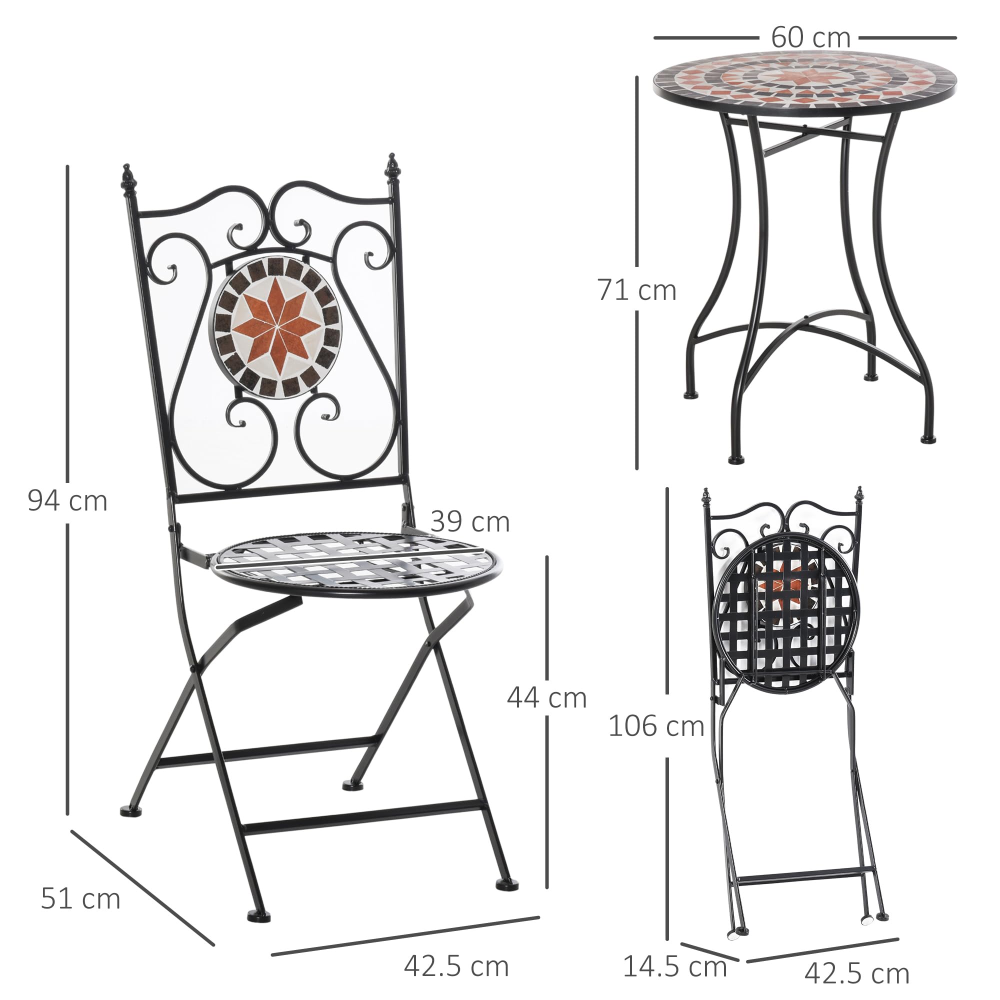 Outsunny Mobili da Giardino Set da 3 Pezzi con 2 Sedie Pieghevoli e 1 Tavolino a Mosaico, in Metallo e Ceramica