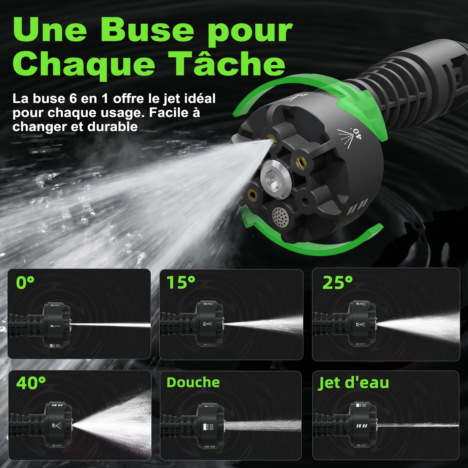 Nettoyeur Haute Pression sans Fil avec 2 Batteries, Nettoyeur Portable avec Buse Réglable 6 en 1, Tuyau Tressé de 6,5 m avec Raccord Robinet pour Voiture, Jardin, Terrasse