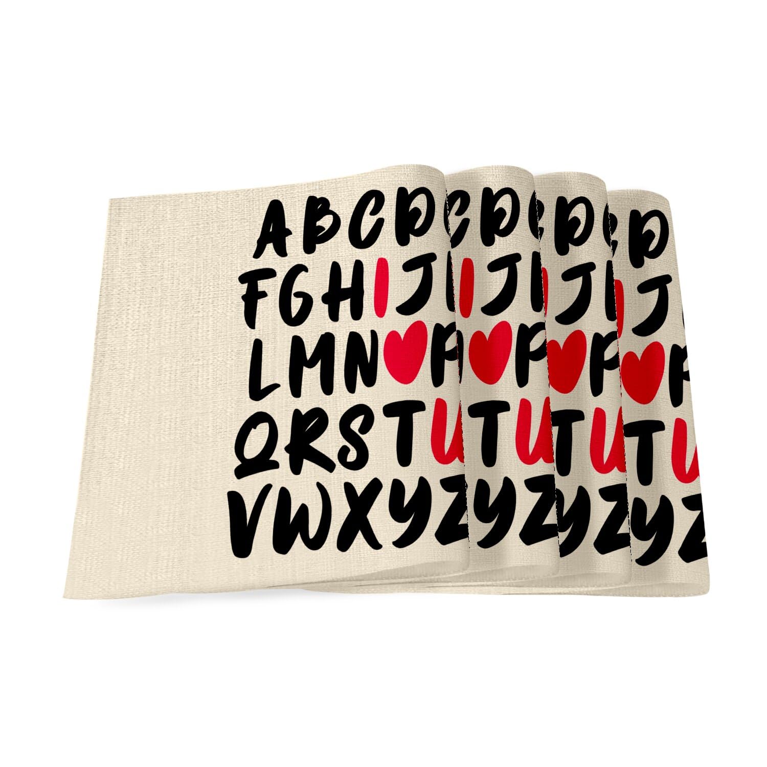 Sets de table en lin Lot de 4 grand format Alphabet I Love You pour la Saint-Valentin