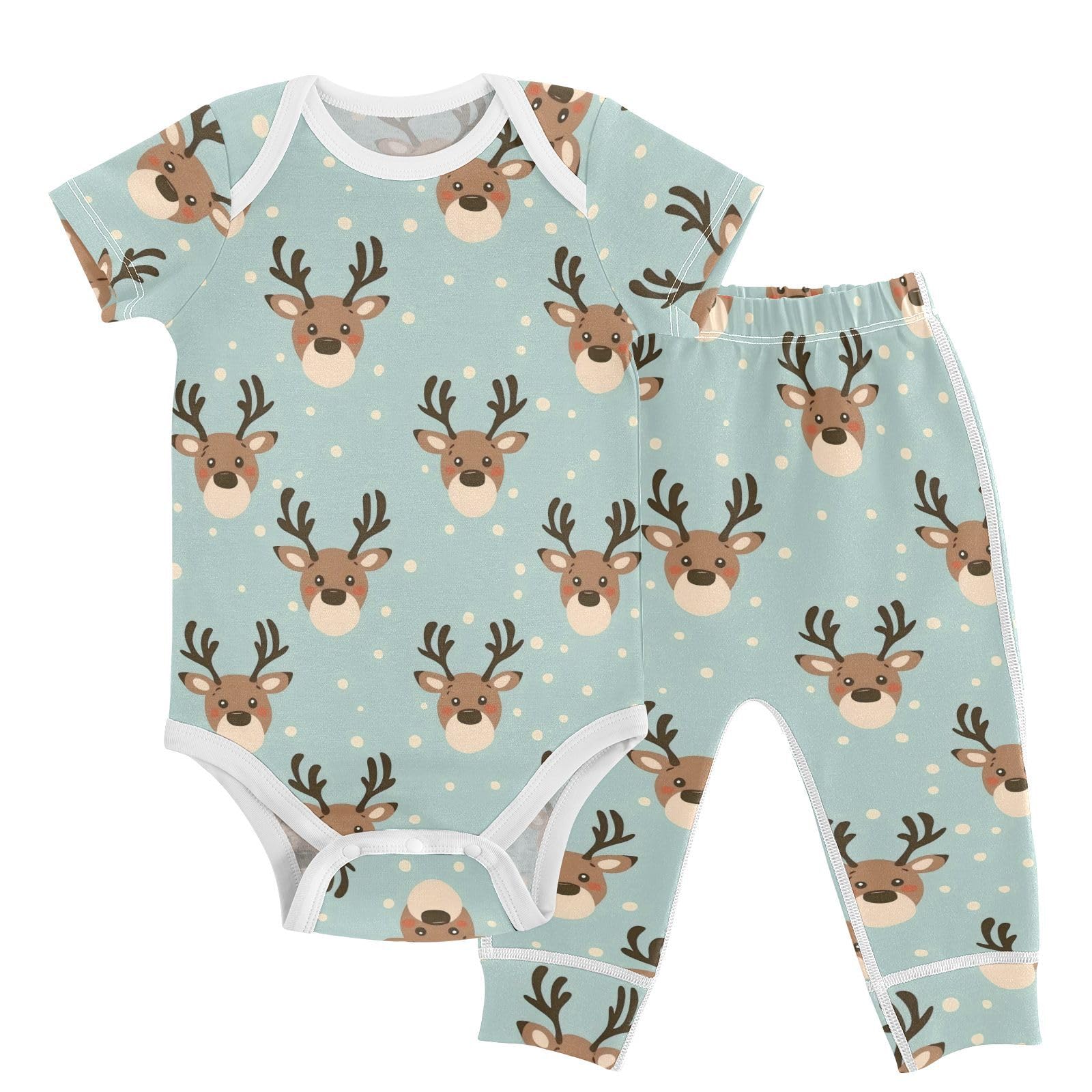 vvfelixl Cartoon Reindeer Baby Layette Sets,Baby Bodysuits Set Unisex Short Sleeve Babys Pants Sets 9-12M