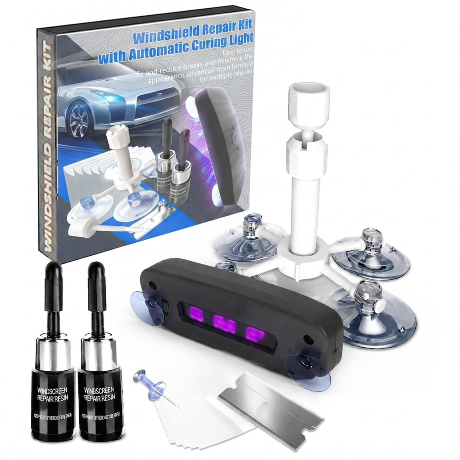 Windshield Repair Kit, 2 PCS Windshield Crack Repair Kit with Suction Cup Curing Light, Automotive Nano Fluid Vehicle Windscreen Tool, Glass Repair Kit for Chips and Cracks Professional ooo(Dark-Blue)