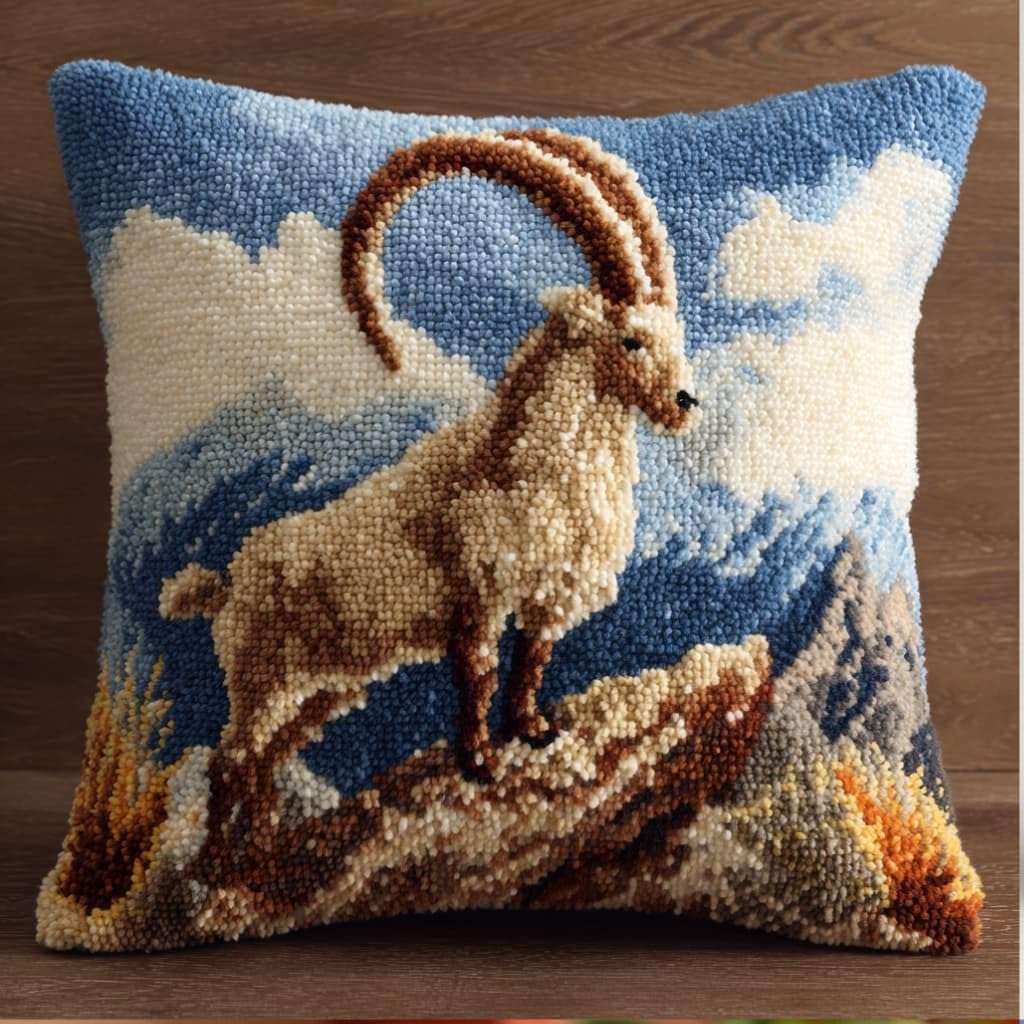 Taxpy Latch Hook Cushion Kits Ibex Pillowcase Kits Embroidery Kit 17X17 Inch DIY Needlework Pillow Cover Sofa Cushion Rug Making