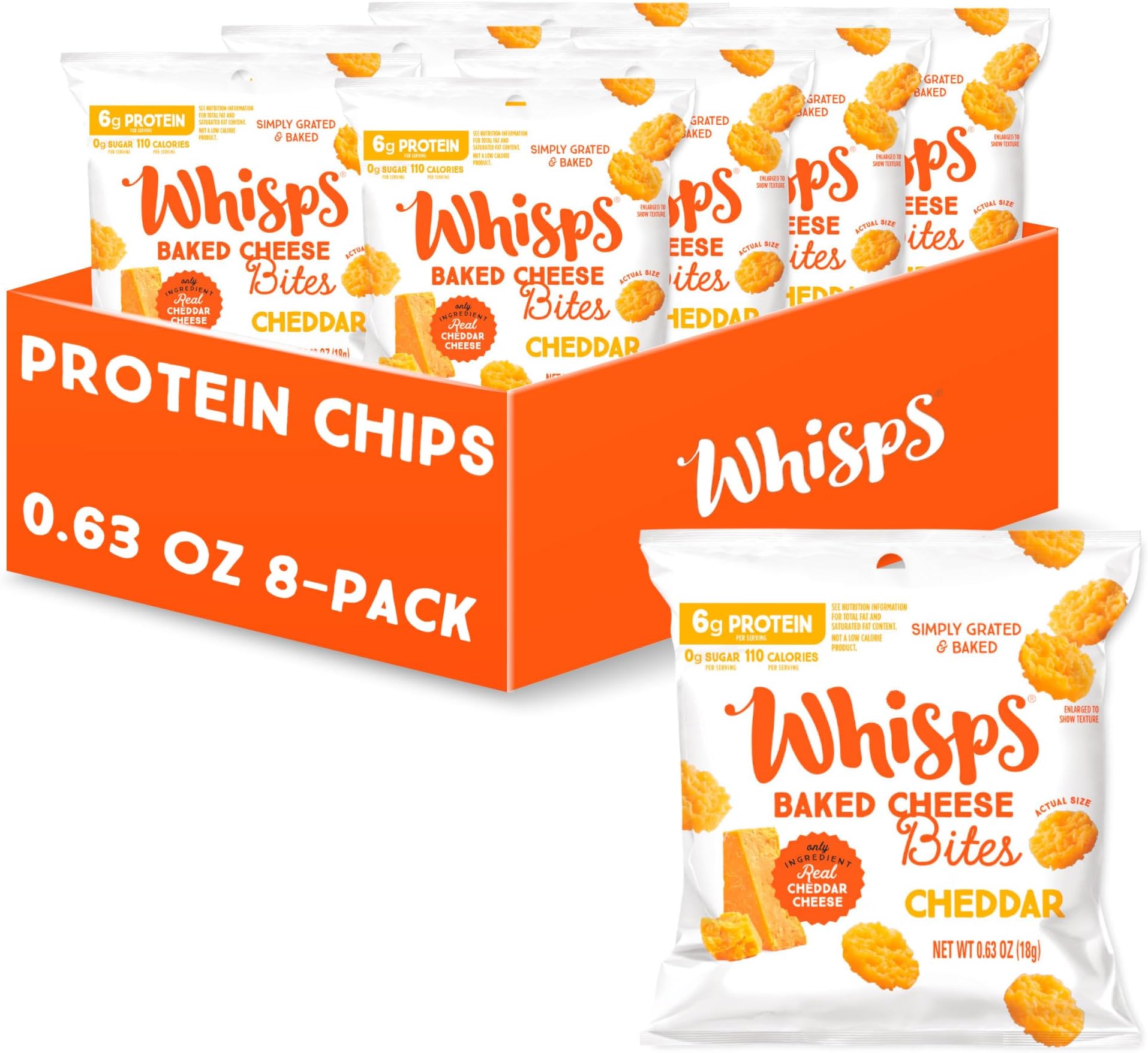 Whisps Cheese Crisps Cheddar Cheese| Protein Chips | Healthy Snacks | Protein Snacks, Gluten Free, High Protein, Low Carb Keto Food (0.63 Oz, 8 Pack)