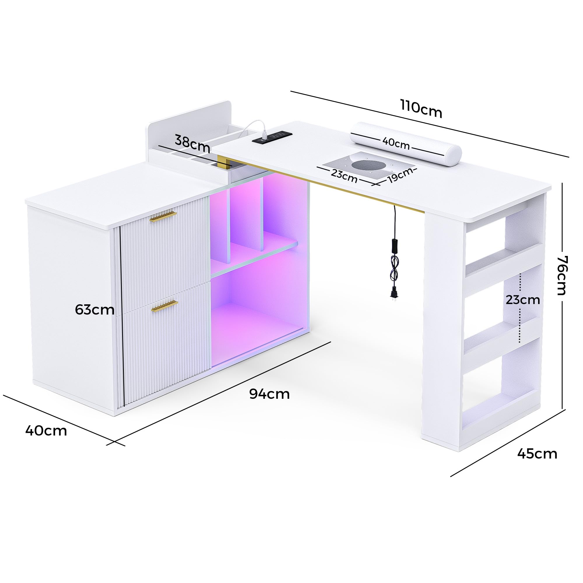Nageltisch mit Staubabsaugung RGB App-Steuerung, Längenverstellbarer Manikürtisch mit Schrank, Großer Stauraum für Profi Nagelstudio & Nageldesign, Weiß