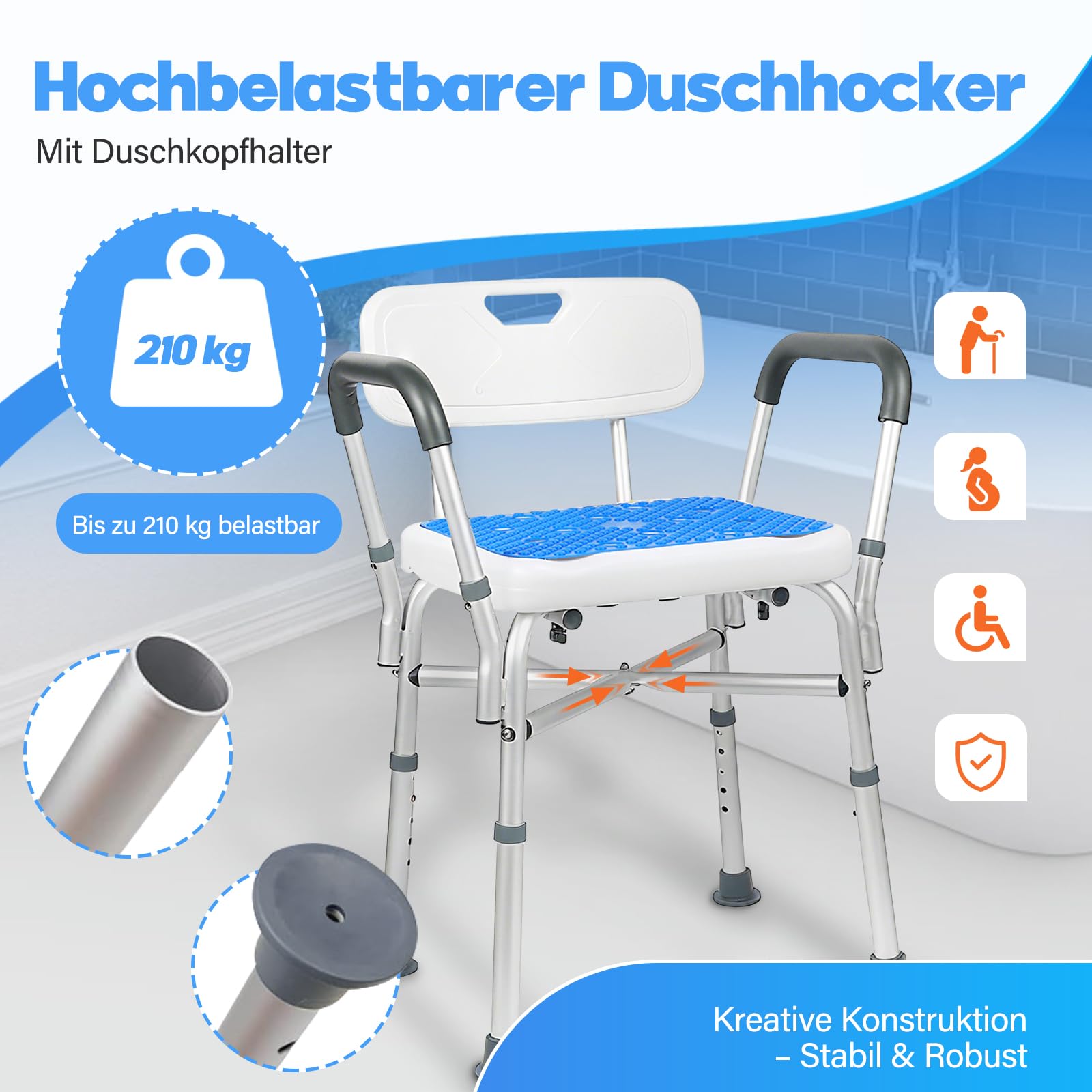Duschhocker für Senioren - 210 KG Duschstuhl mit Rückenlehne und Armlehne, Höhenverstellbar Duschhilfe für Ältere, Schwangere, Menschen mit eingeschränkter Mobilität, Badewanne, Dusche, Fußhocker