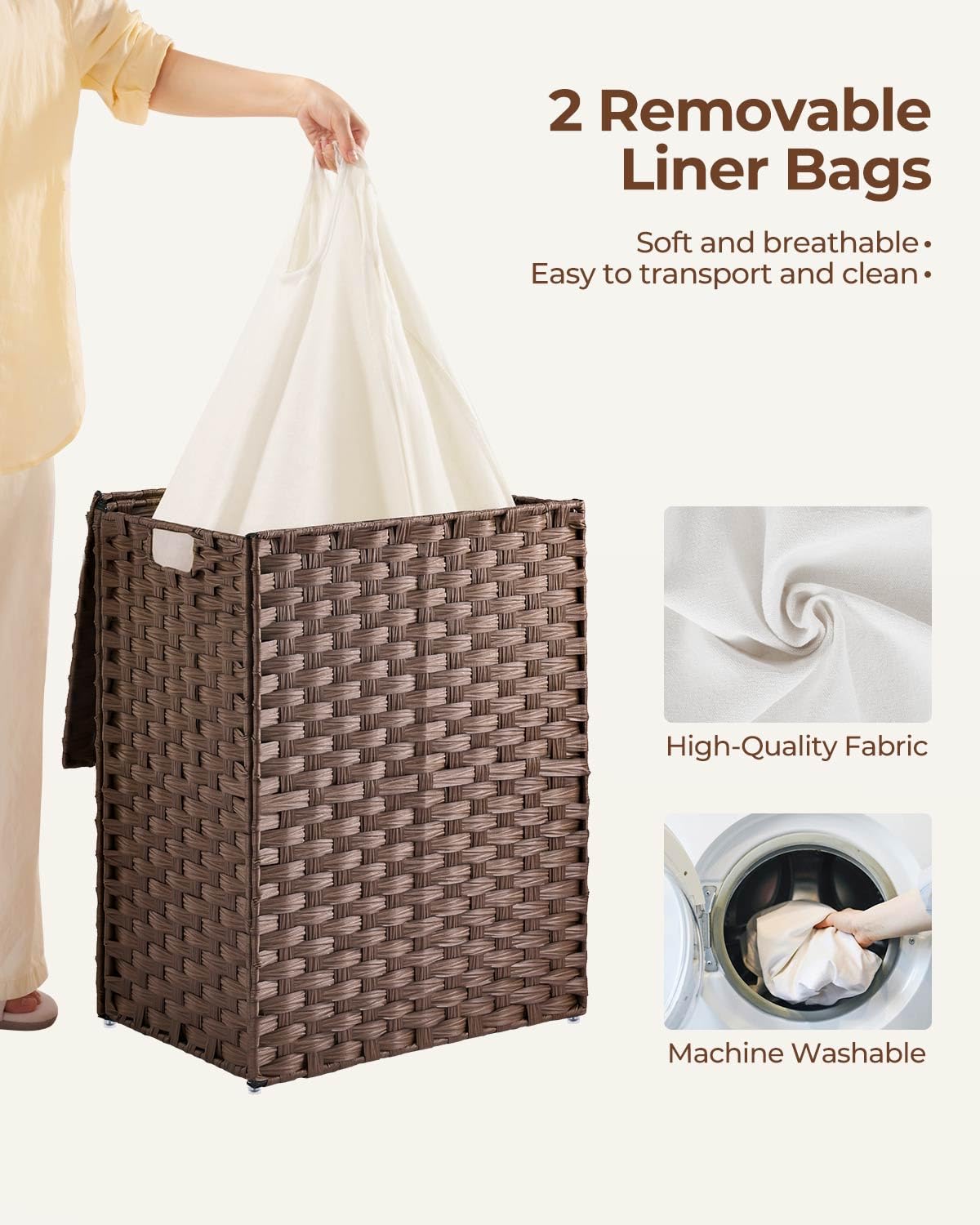 Greenstell Laundry Hamper With Wheels - 50L Slim Rattan Basket, 2 Removable Liner & Mesh Bags - View #10
