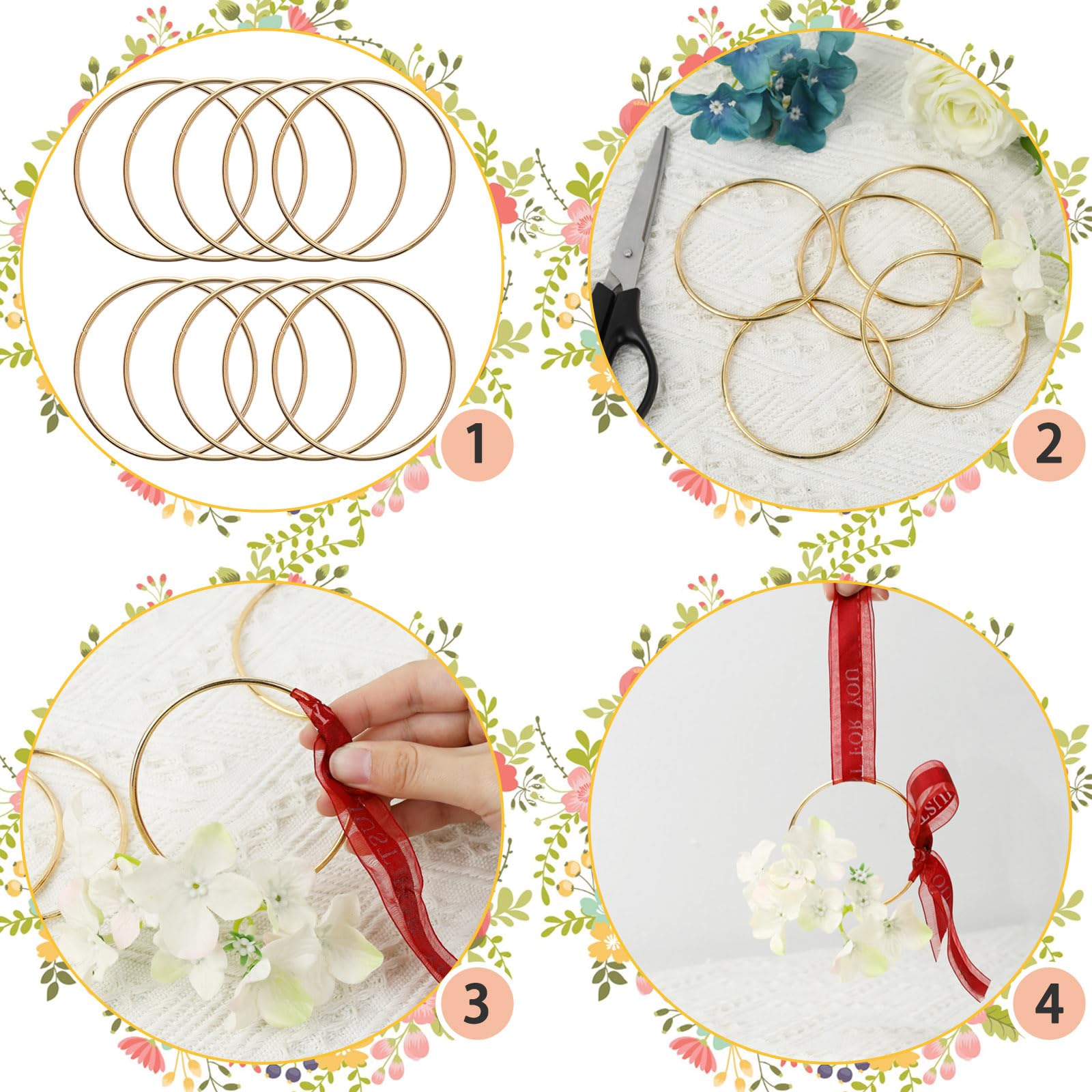 KALIONE 10 Anelli in Metallo da 6,3 cm per Artigianato - Cerchi Dorati Floreali per Macramè, Acchiappasogni e Fai da Te - Forniture per Progetti Creativi