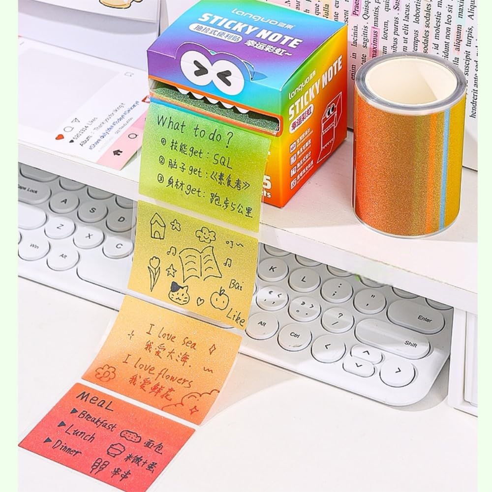 105 Sheets Pearl Self-Adhesive Sticky Notes, Pull-Out Dispenser Transparent Memo Pads for School Study and Office Organization, Rainbow
