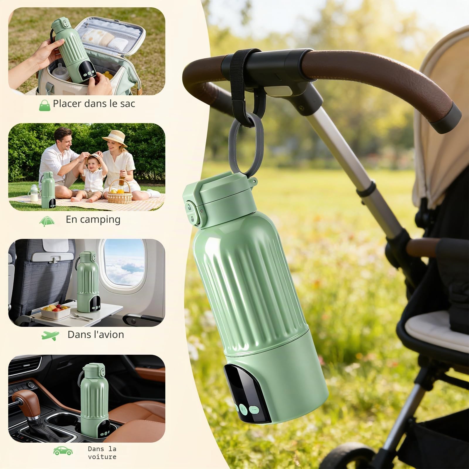 Chauffe-Biberon Portable 500ml, 18000mAh, 140W Chauffe-Lait Rapide & Contrôle Température Précise, Pour Lait Maternel et Préparation, Recharge USB-C, Vert
