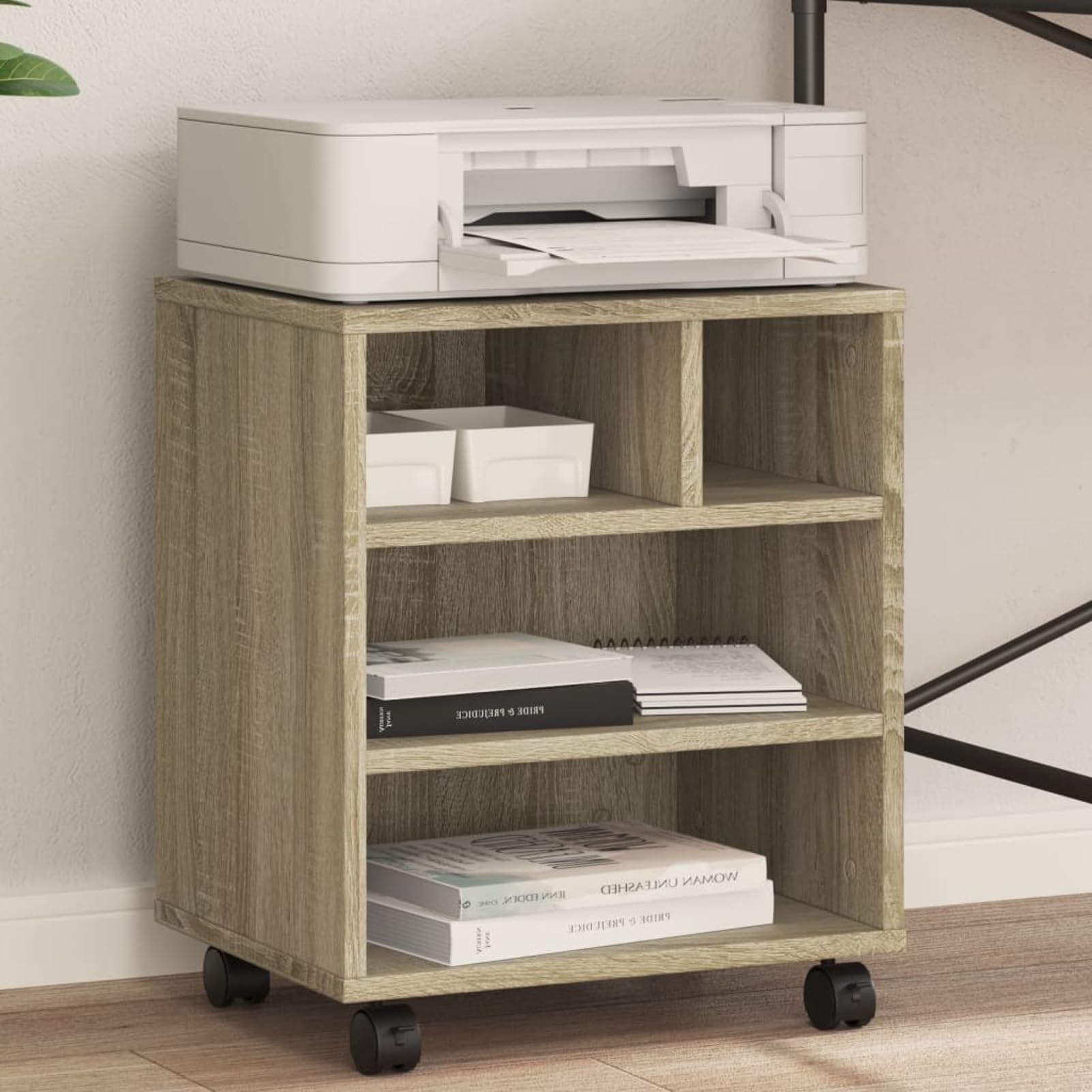 Druckerständer mit Rollen, Druckerwagen aus Holzwerkstoff, Sonoma-Eiche, 41x32x48 cm, für Büro und Arbeitszimmer 840620