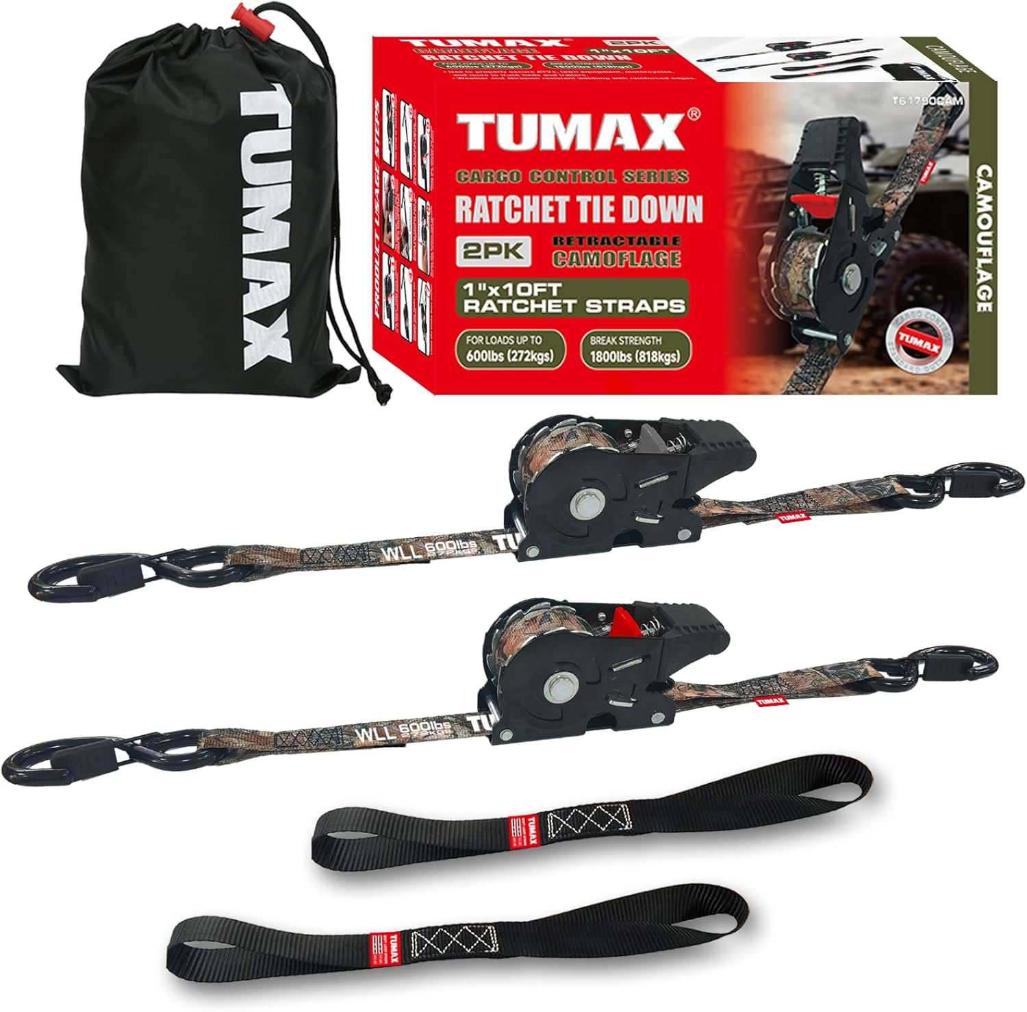 2-Pack Retractable Ratchet Tie Down Straps, 1" x 10ft with Soft Loops & S-Hooks, 1500lbs Break Strength Self-Retracting Cargo Straps for Truck, Trailer, Motorcycle, ATV, Kayak (Camouflage)