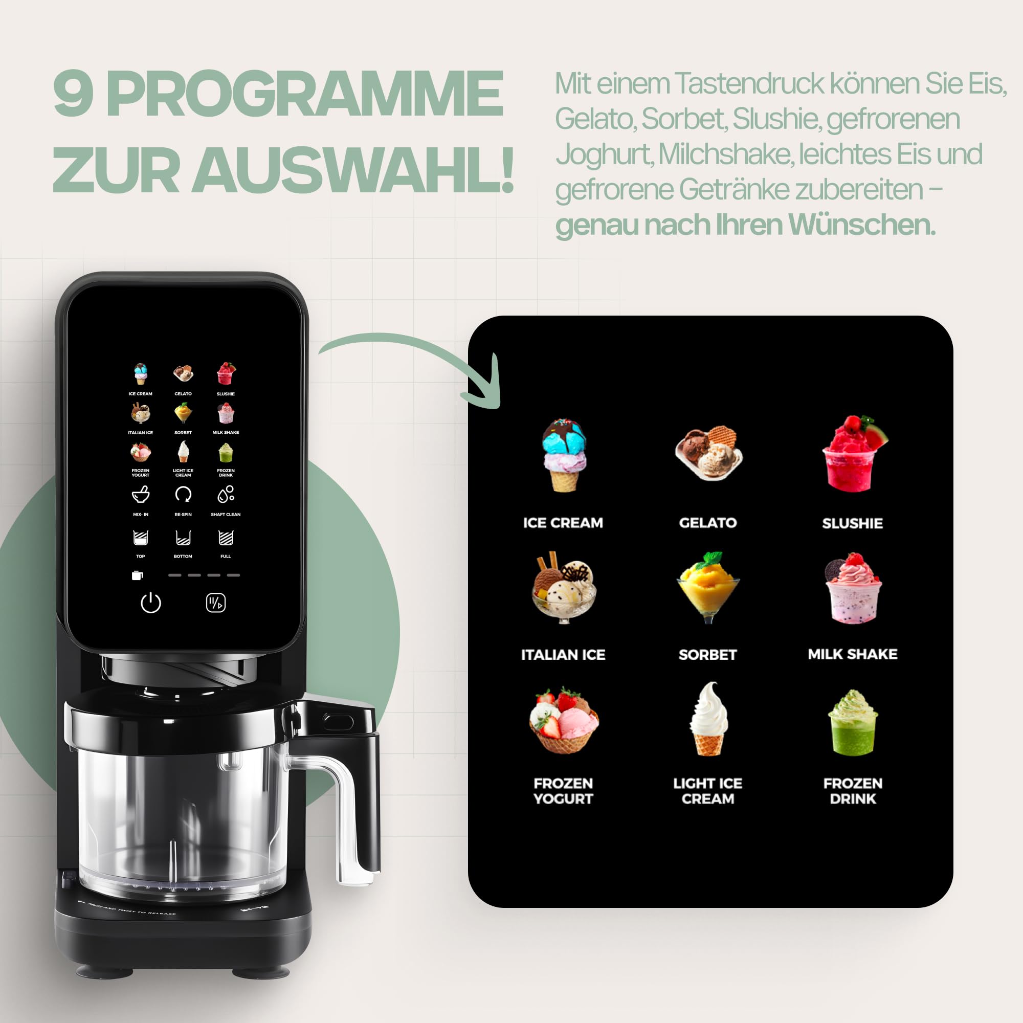 4Swiss Eismaschine Softeismaschine Ice Cream Maker Speiseeismaschine Eismaker für Slush Frozen Yogurt Gelato Sorbet Milchshake Maschine Eisbereiter Slushie One-Touch MIX-IN Keto Schwarz - IB026
