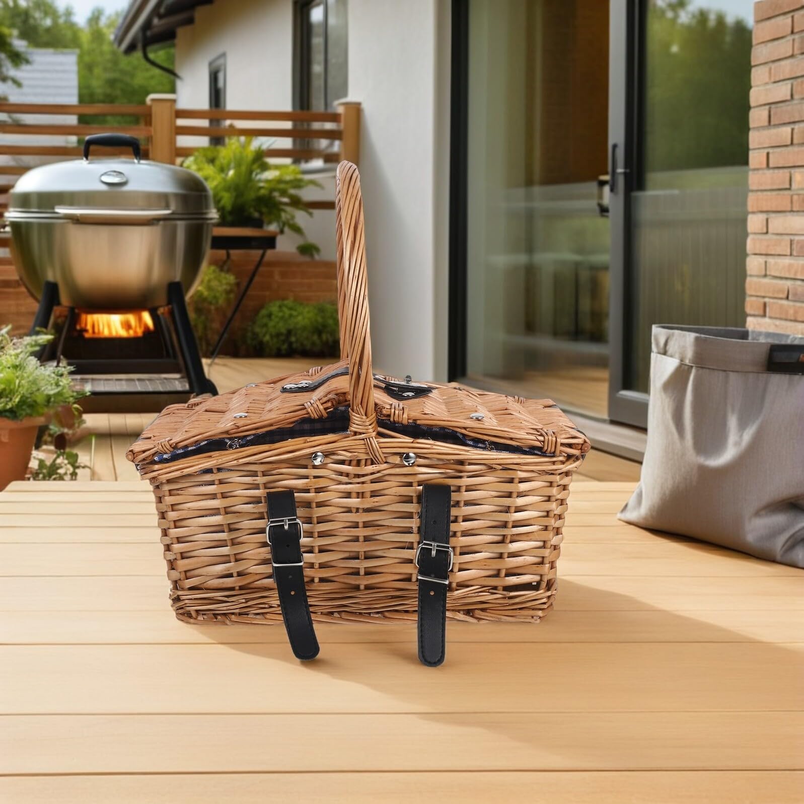Housoutil Cestino da Picnic Intrecciato a Mano in Salice e Rattan con Doppio Coperchio e Manico Piccolo Cestino Portaoggetti e Alimenti per Picnic All’Aperto Feste in Giardino e Gite