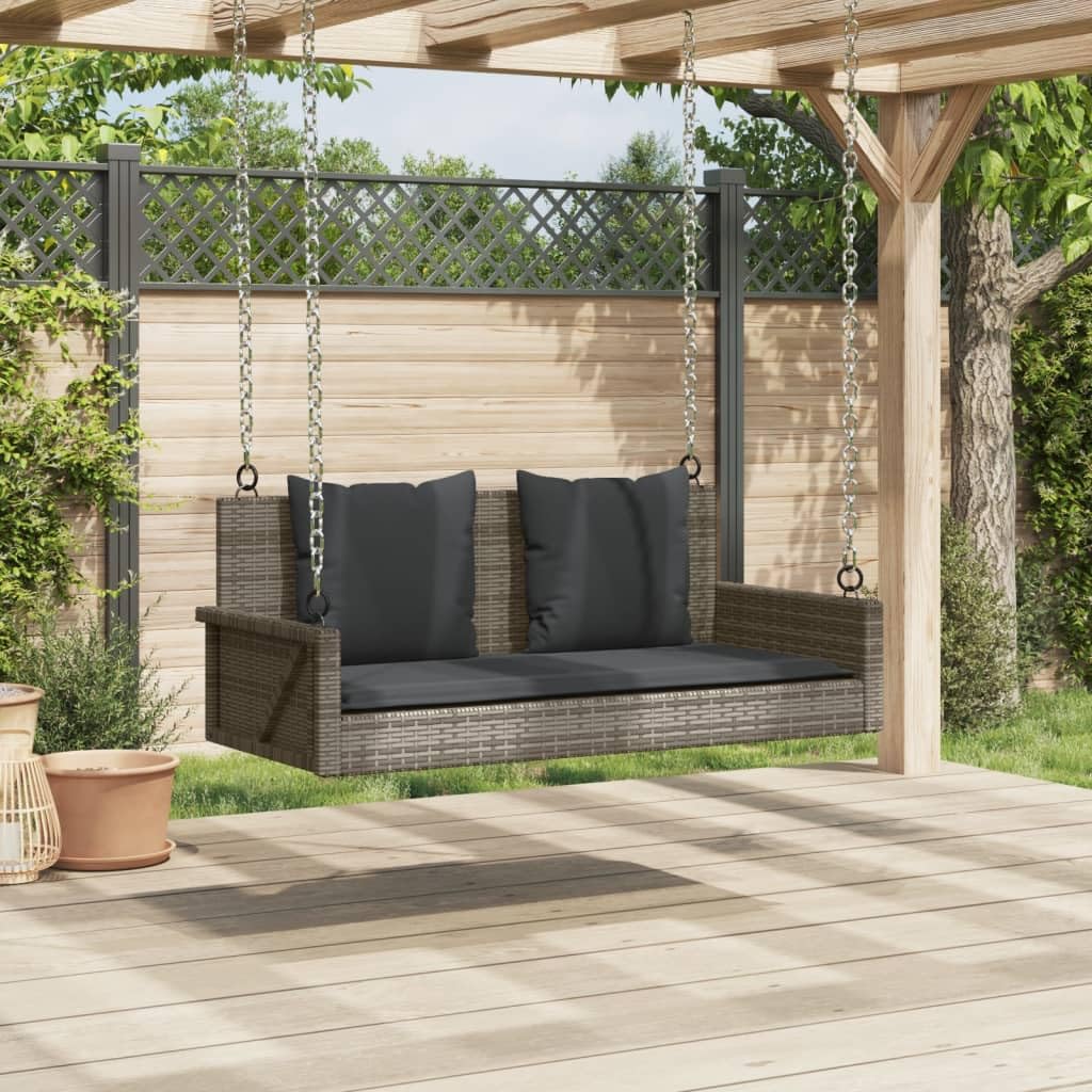 Banco balancín gris 119 x 56 x 48 cm de ratán sintético con cojín acolchado, resistente a la intemperie, para balcón, terraza y jardín, banco de asiento relajante con función balancín