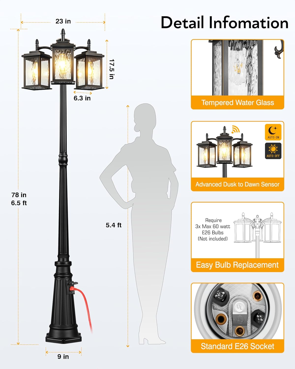 VIANIS Outdoor Lamp Post Light with Outlet, Waterproof Dusk to Dawn Lamp Posts Outdoor Lighting 3-Head, Anti-Rust Black with Gold Trim Street Light for Garden, House, Doorway, Weather Resistant