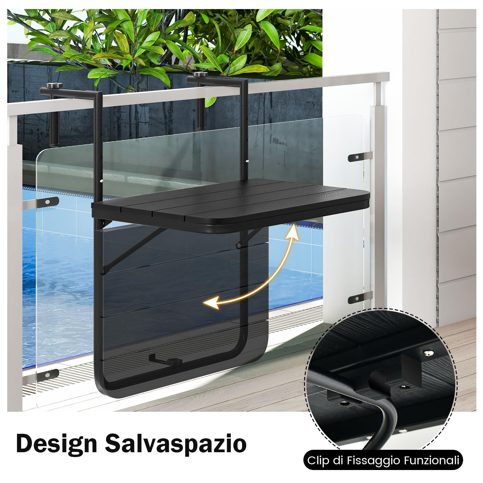 GYMAX Tavolino da Appendere al Balcone, Tavolino Sospeso Pieghevole e Regolabile in Altezza, Resistente alle Intemperie e Senza Ruggine per Ringhiere del Balcone, fino a 30 kg, 60×62,5×84 cm (Nero)