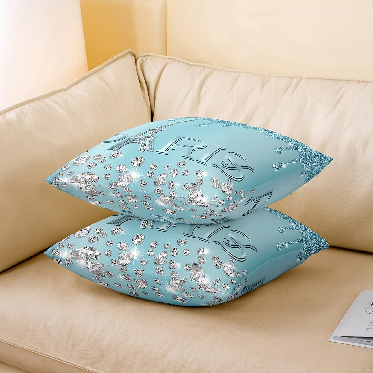 Paris Pillow Covers 22x22 set of 2 for Kids Girls Women,Glitter Eiffel Tower Throw Pillow Covers,Teal Blue Gradient Diamond Cushion Cases,Girly Sequins Accent Pillow Cases Sofa Chair Decor