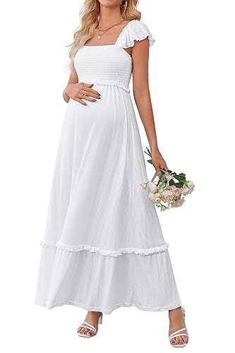 OUGES Womens 2026 Summer Maternity Photoshoot Dress Boho Maxi Smocked