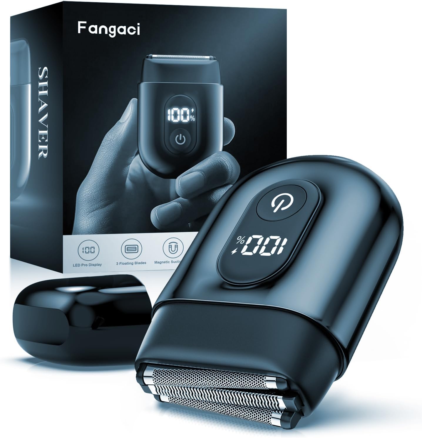 Fangaci Electric Razor FK-707 with packaging, showing the shaver, charging cable, and cleaning brush.