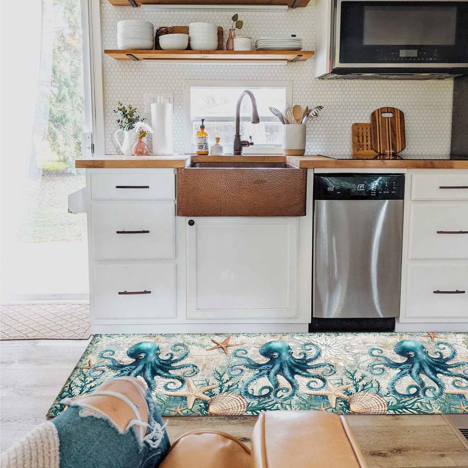 2 Pieces Kitchen Rugs and Mats,Coastal Ocean Octopus Coral Starfish Shell Area Runner Rug Set Non Slip Floor Doormat Washable Carpet Standing Mat for Kitchen Sink Indoor Corridor,Retro Nautical Map