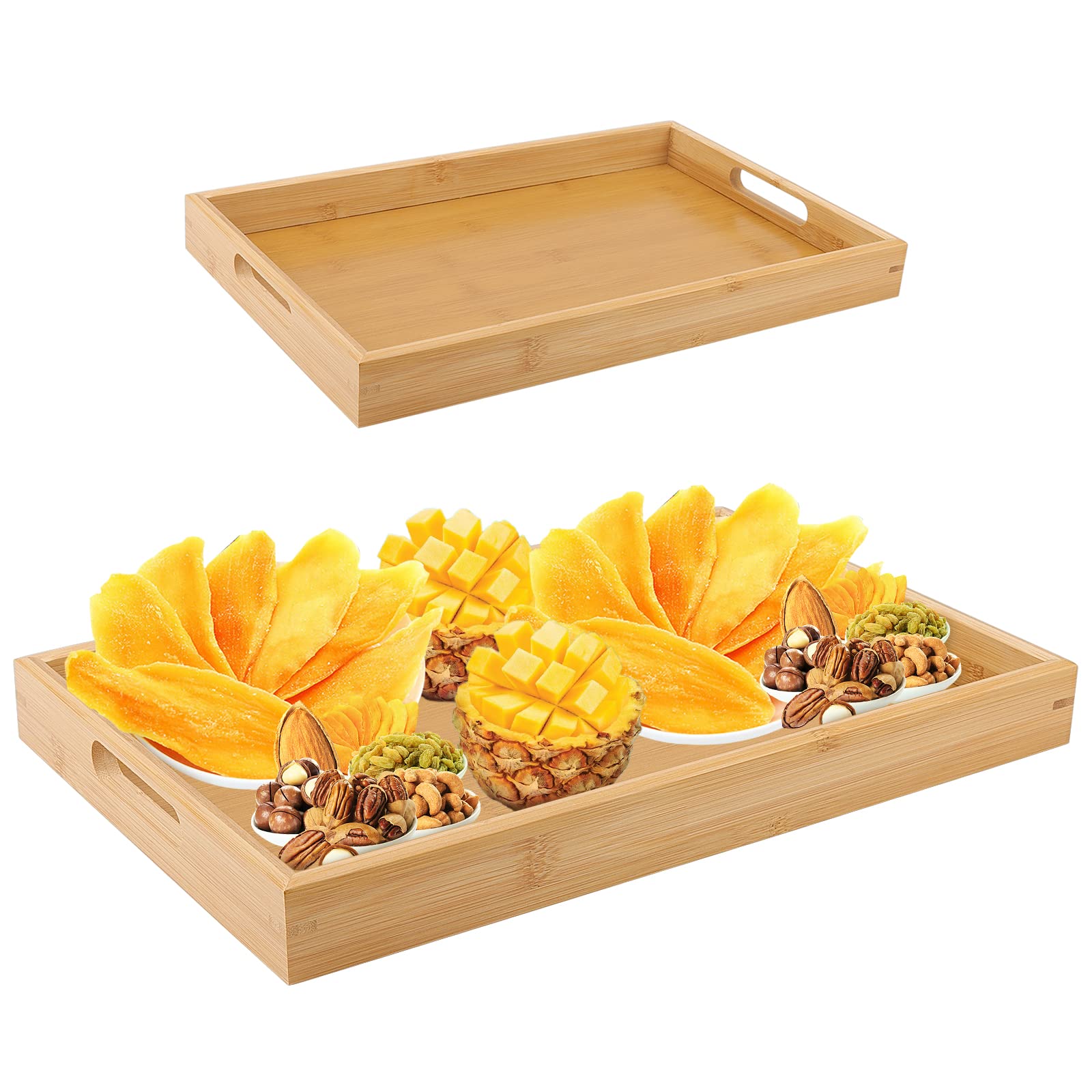 ZOENHOU 2 Pack Large Bamboo Tray with Handles, 41 x 29 x 4cm, 38 x 25 x 4cm, Rectangular Wooden Serving Tray